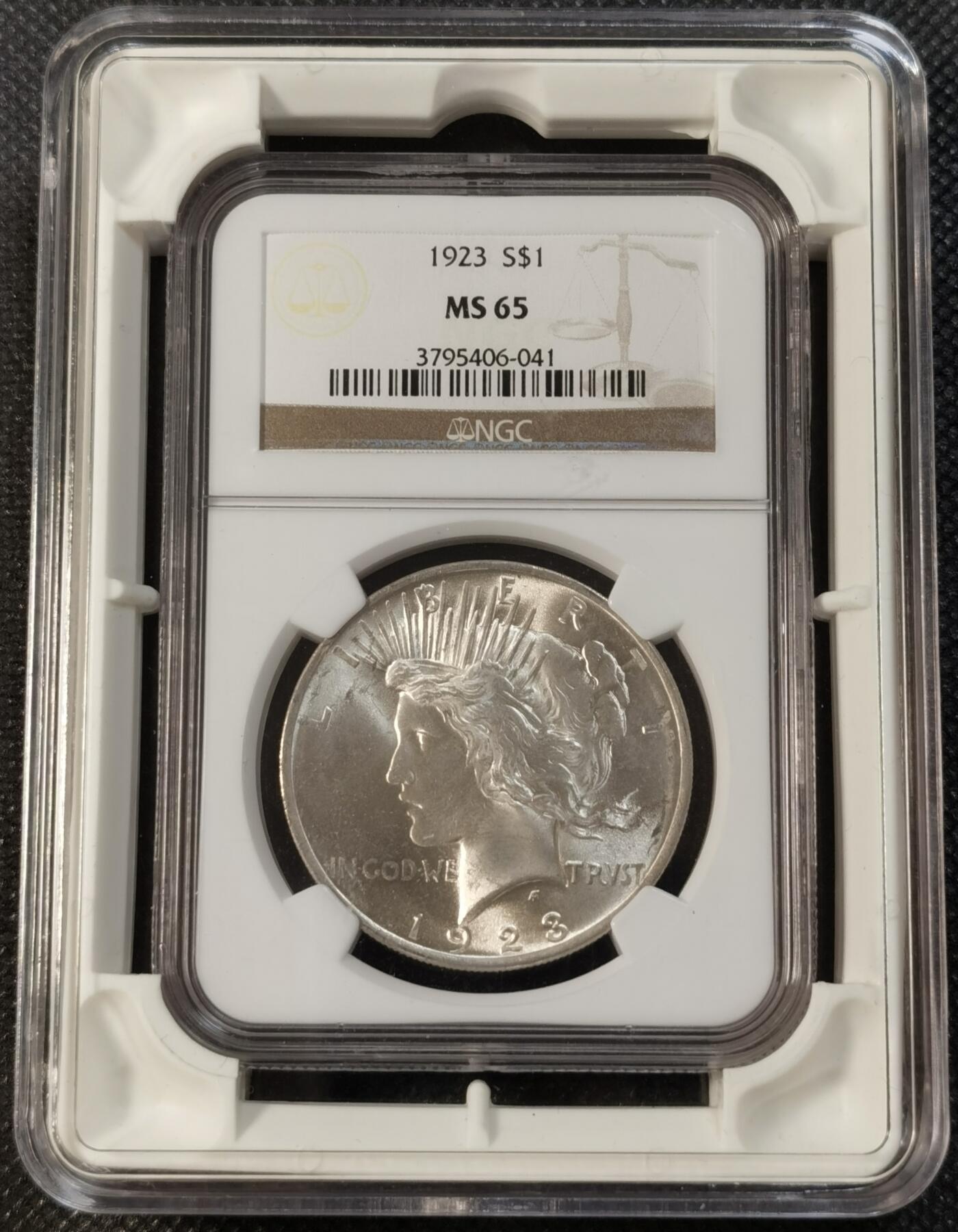  甄臻铺-世界钱币拍卖（第12期）送拍享返佣金等优惠多多 NGC-MS65 1923年和平，打制极好，少见高分，地板光滑，老盒子，配保护盒