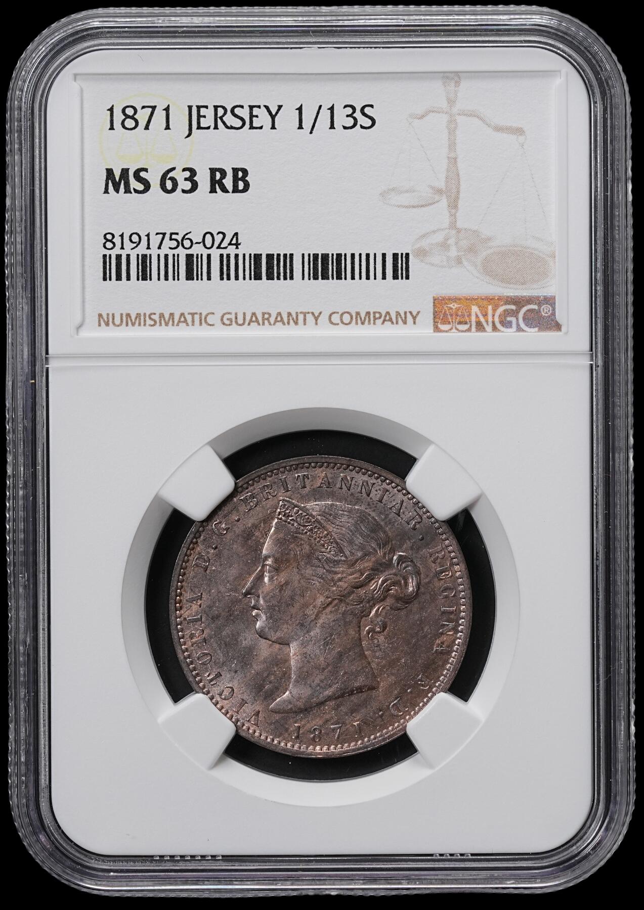 修遠堂世界钱币第六十五期 NGC MS63RB 1871年泽西岛1/13 SHILLING铜币 少见