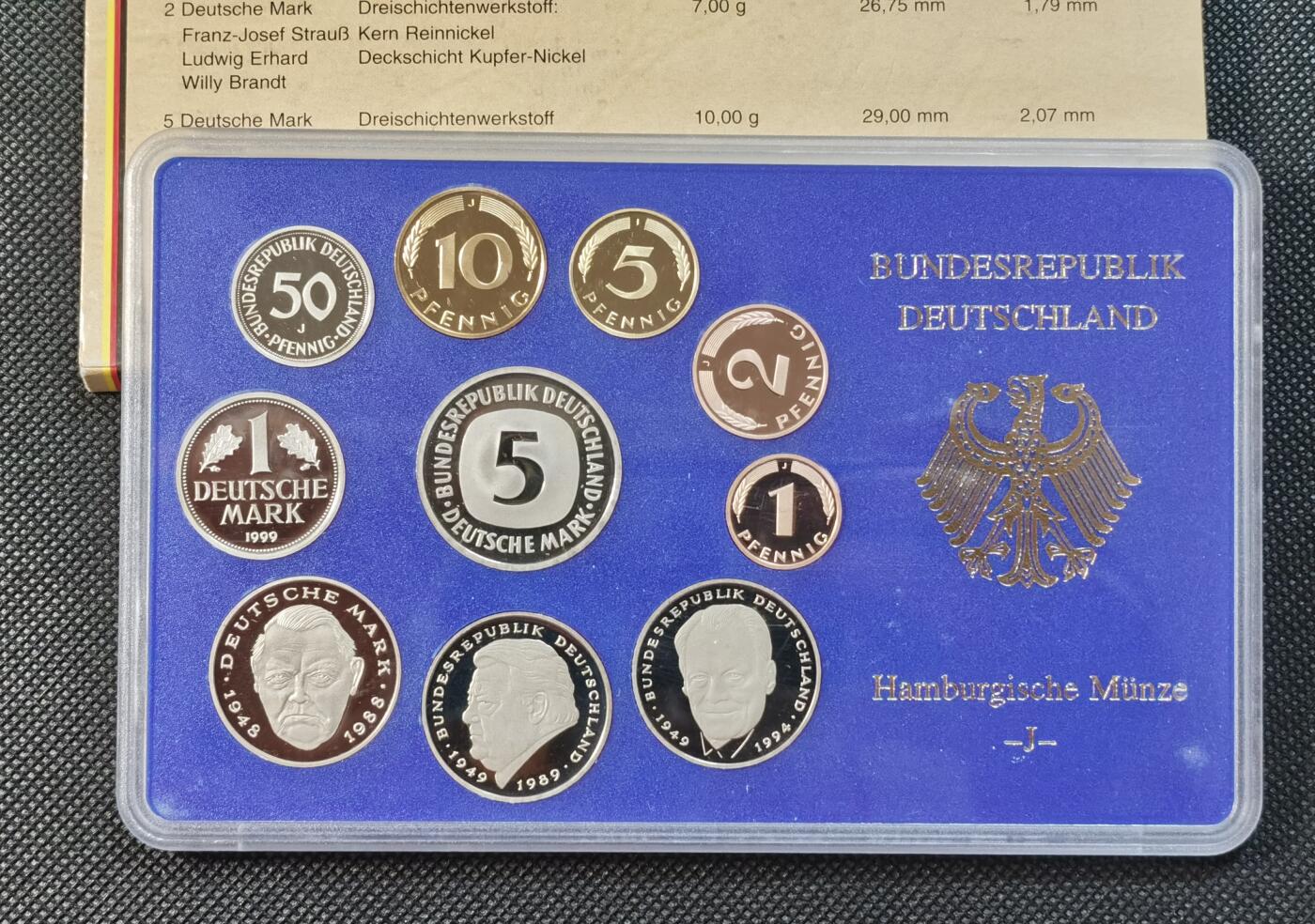  甄臻铺-世界钱币拍卖（第12期）送拍享返佣金等优惠多多 德国1999年官方精制套币（J），包装正面有伤，图1可见