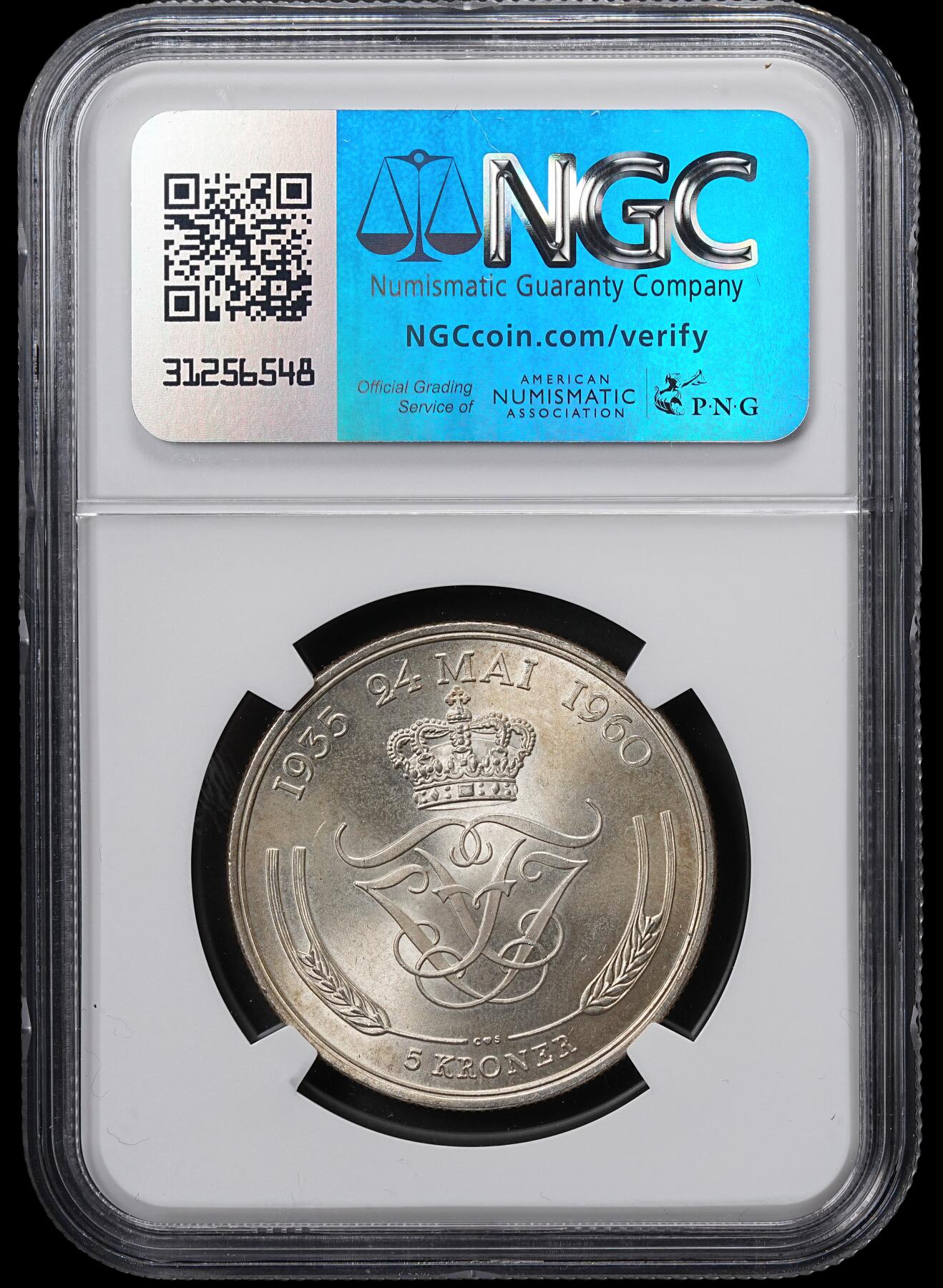 修遠堂世界钱币第六十五期 NGC MS66 1960年丹麦国王银婚5克朗银币