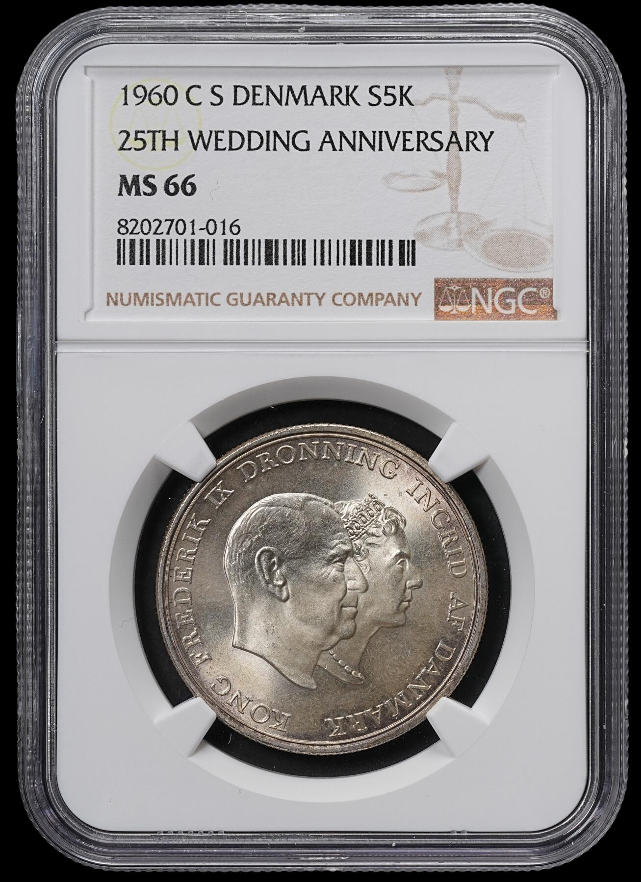 修遠堂世界钱币第六十五期 NGC MS66 1960年丹麦国王银婚5克朗银币
