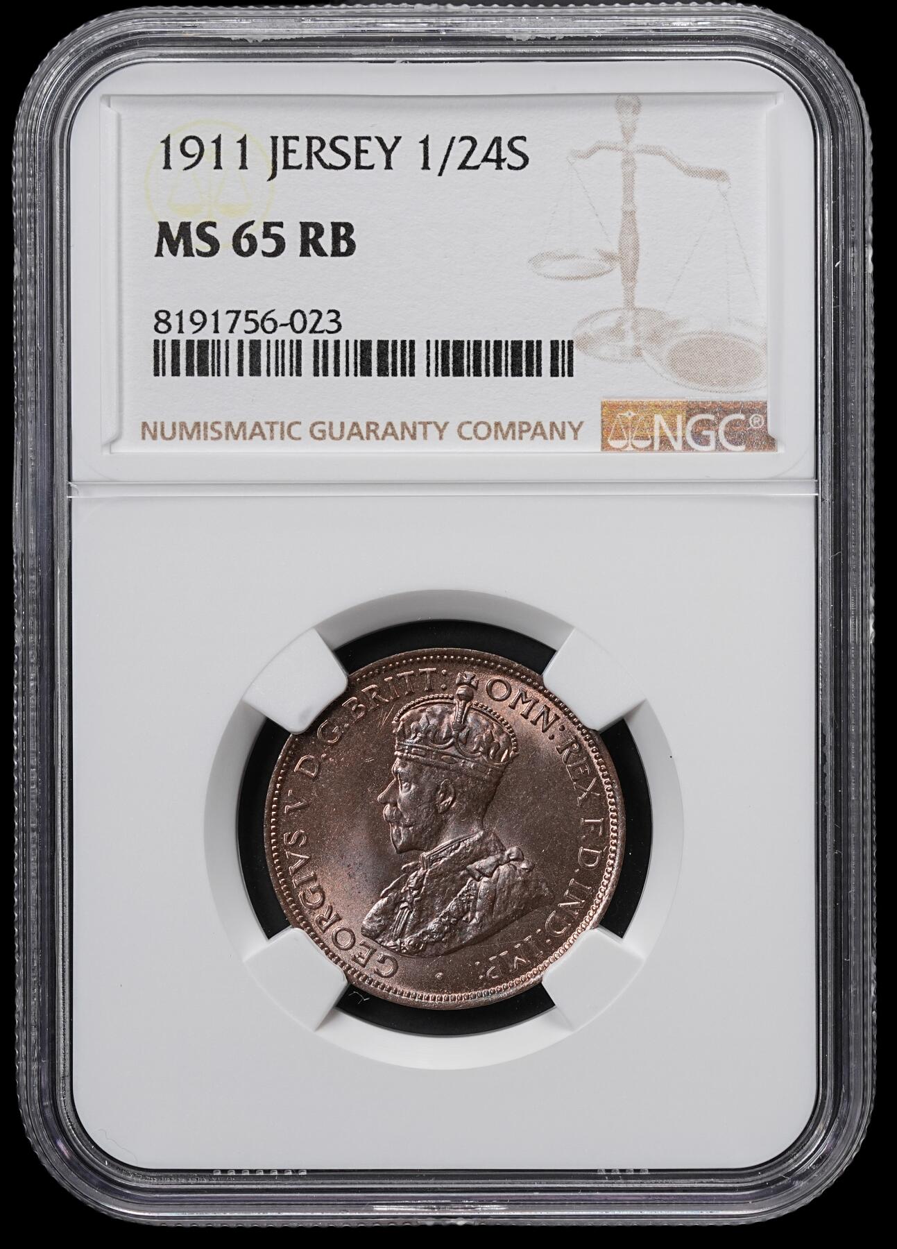 修遠堂世界钱币第六十五期 NGC MS65RB 1911年泽西岛1/24 SHILLING铜币