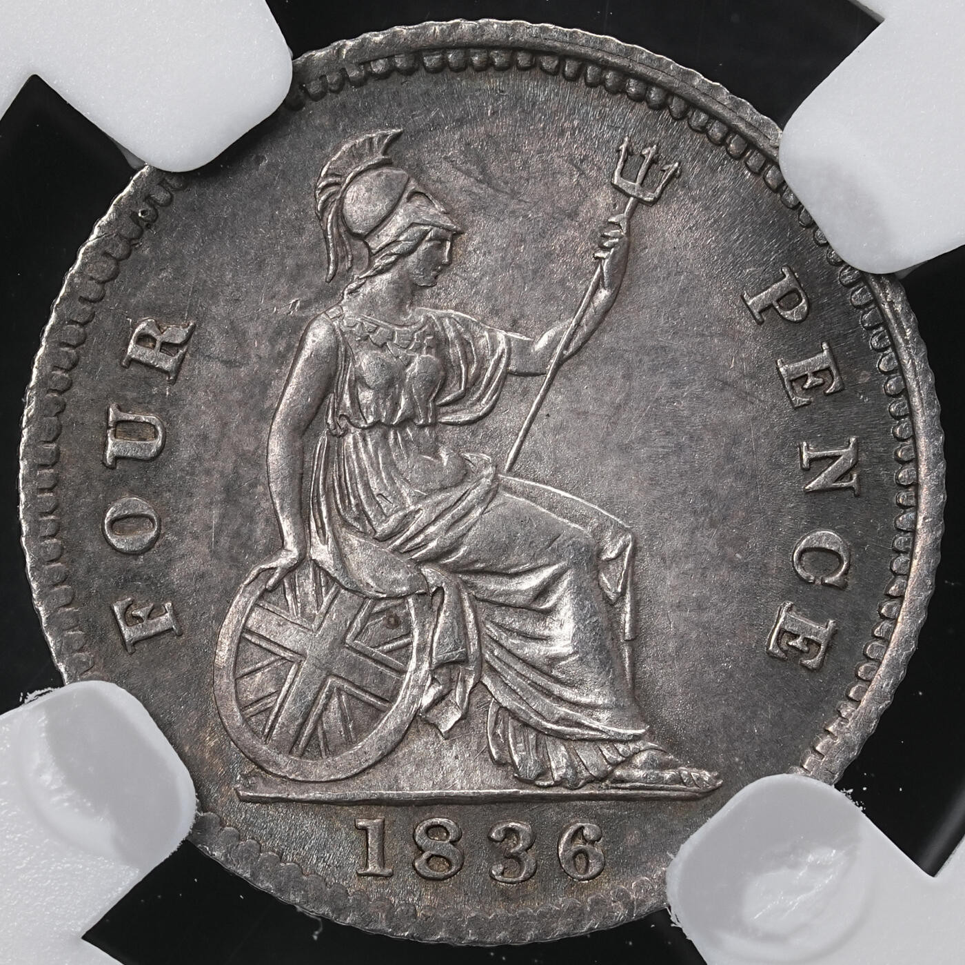 修遠堂世界钱币第六十五期 NGC MS62 1836年英国4便士银币 灰彩