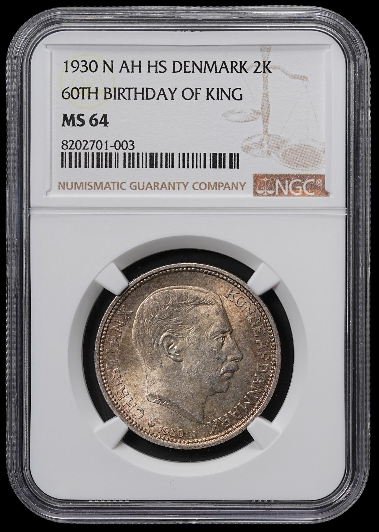 修遠堂世界钱币第六十五期 NGC MS64 1930年丹麦国王60大寿纪念2克朗银币