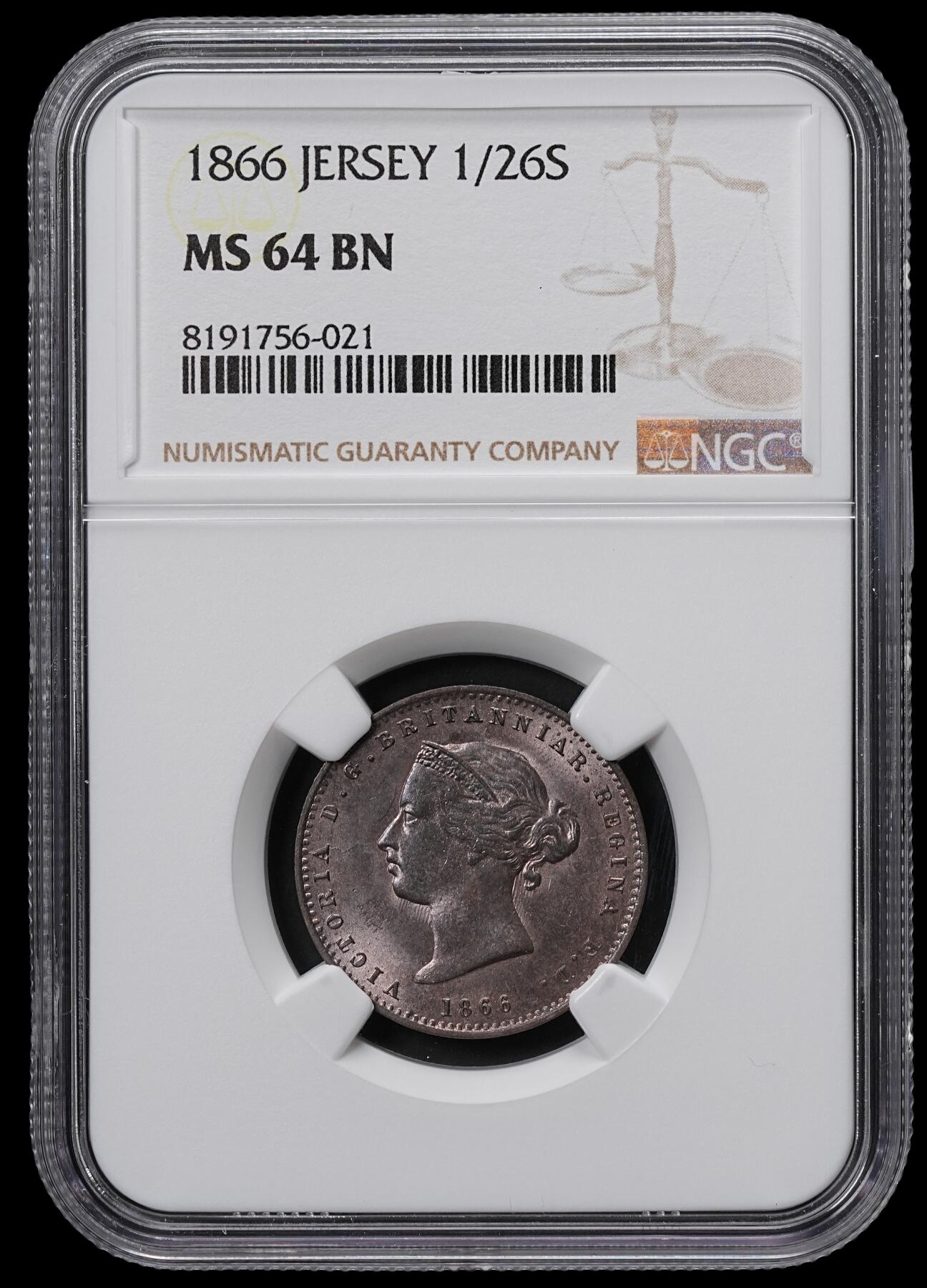 修遠堂世界钱币第六十五期 NGC MS64BN 1866年泽西岛1/26 SHILLING铜币
