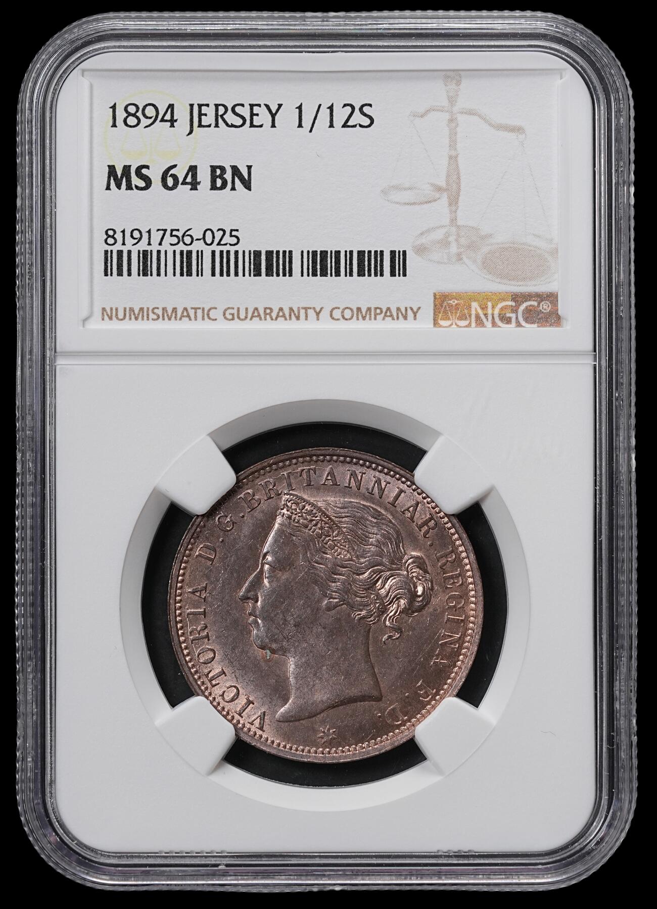 修遠堂世界钱币第六十五期 NGC MS64BN 1894年泽西岛1/12 SHILLING铜币 H厂铭 喜敦厂
