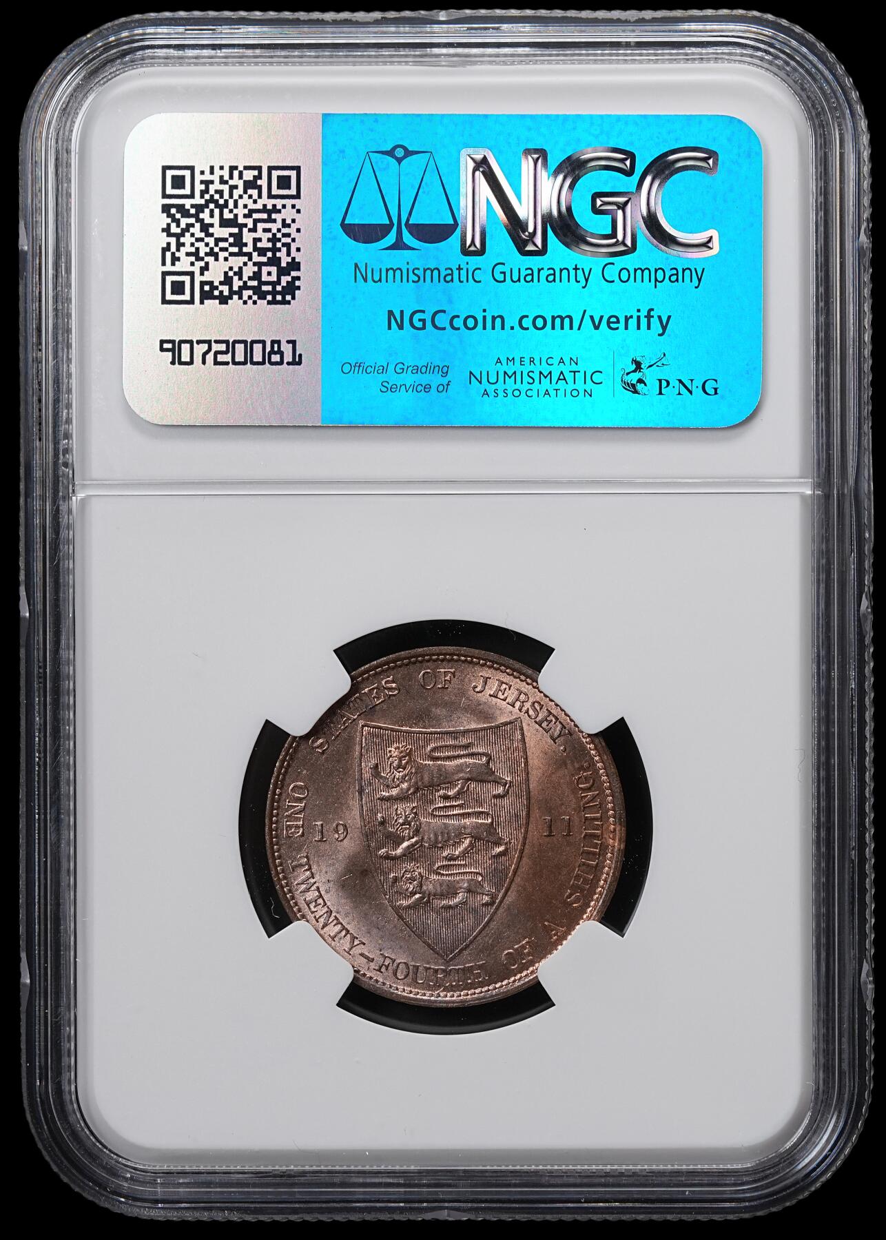 修遠堂世界钱币第六十五期 NGC MS65RB 1911年泽西岛1/24 SHILLING铜币