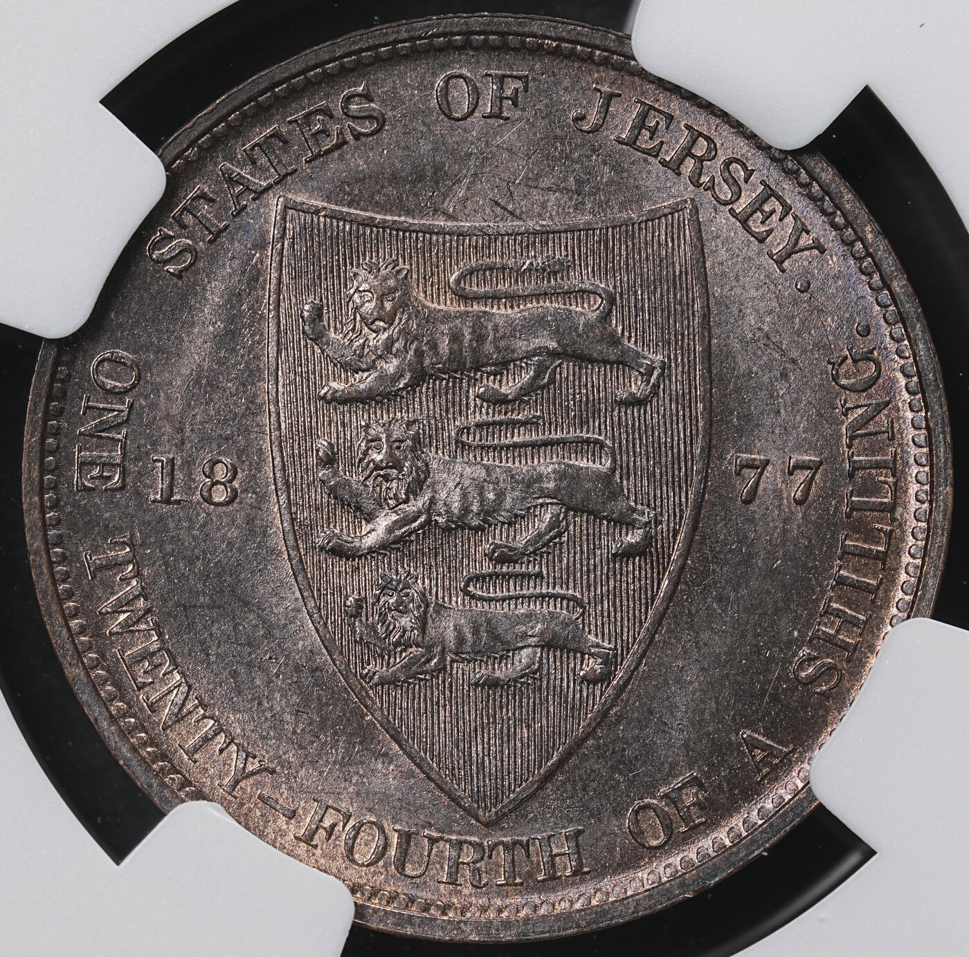 修遠堂世界钱币第六十五期 NGC MS63RB 1877年泽西岛1/24 SHILLING铜币 H厂铭 喜敦厂