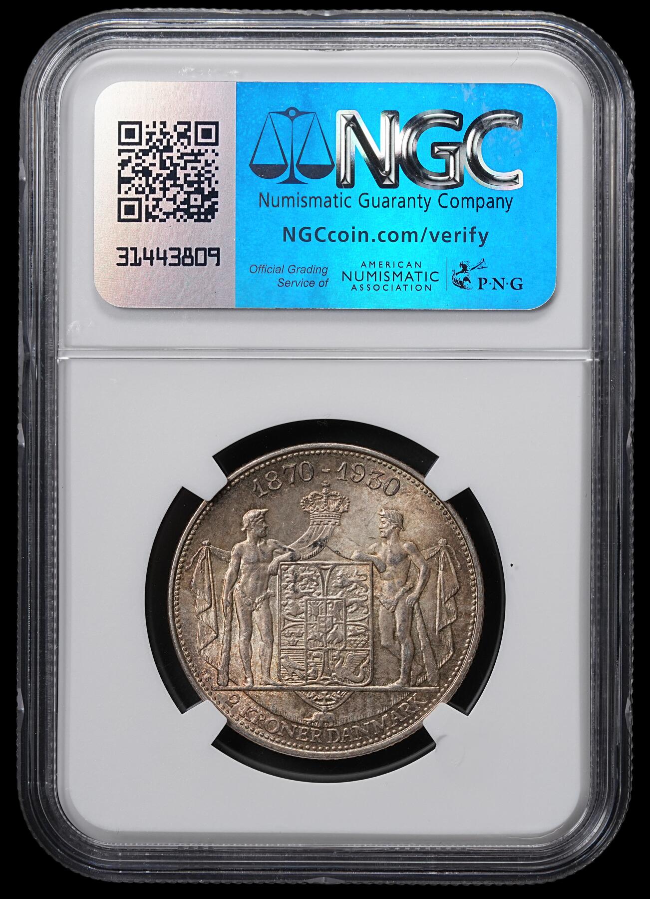 修遠堂世界钱币第六十五期 NGC MS64 1930年丹麦国王60大寿纪念2克朗银币