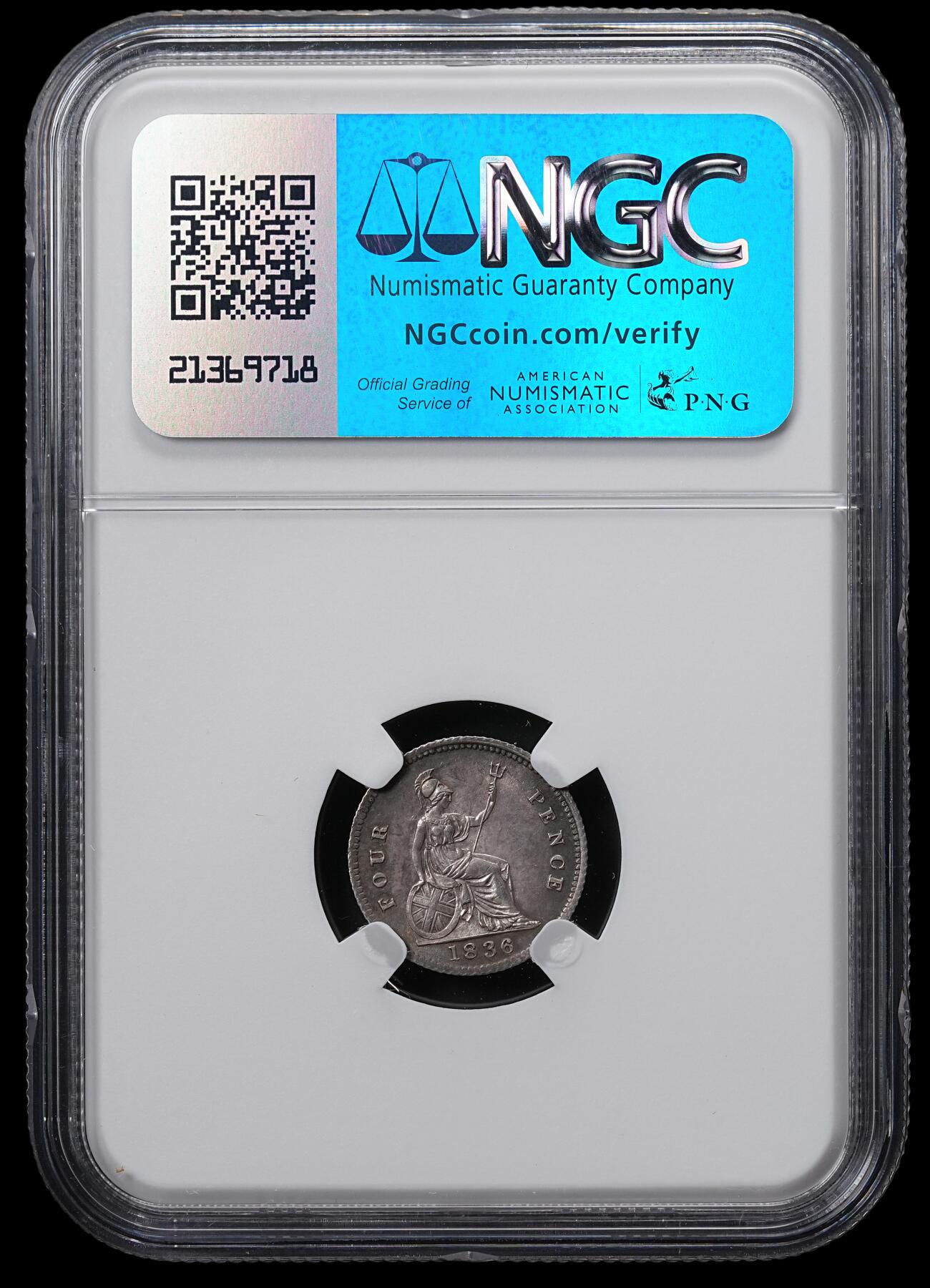 修遠堂世界钱币第六十五期 NGC MS62 1836年英国4便士银币 灰彩