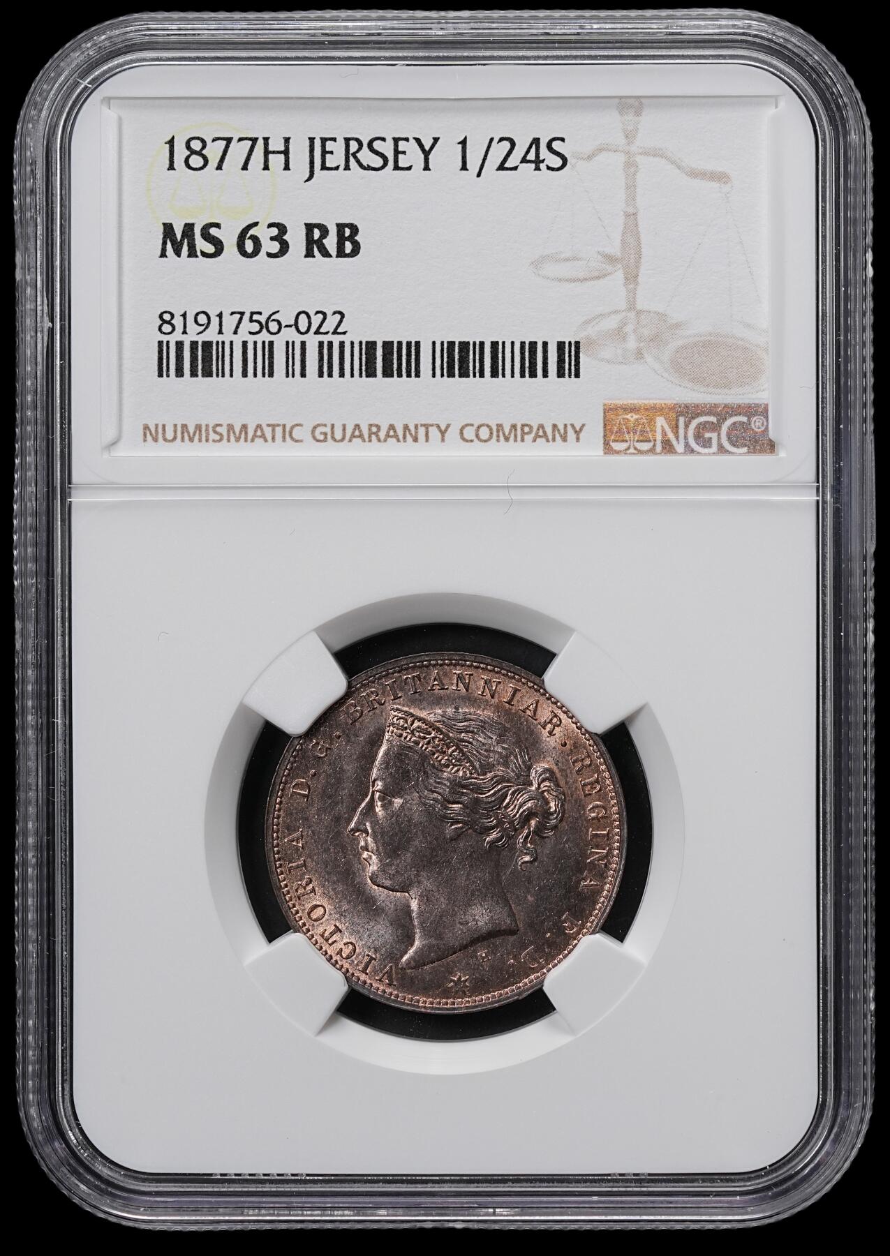 修遠堂世界钱币第六十五期 NGC MS63RB 1877年泽西岛1/24 SHILLING铜币 H厂铭 喜敦厂