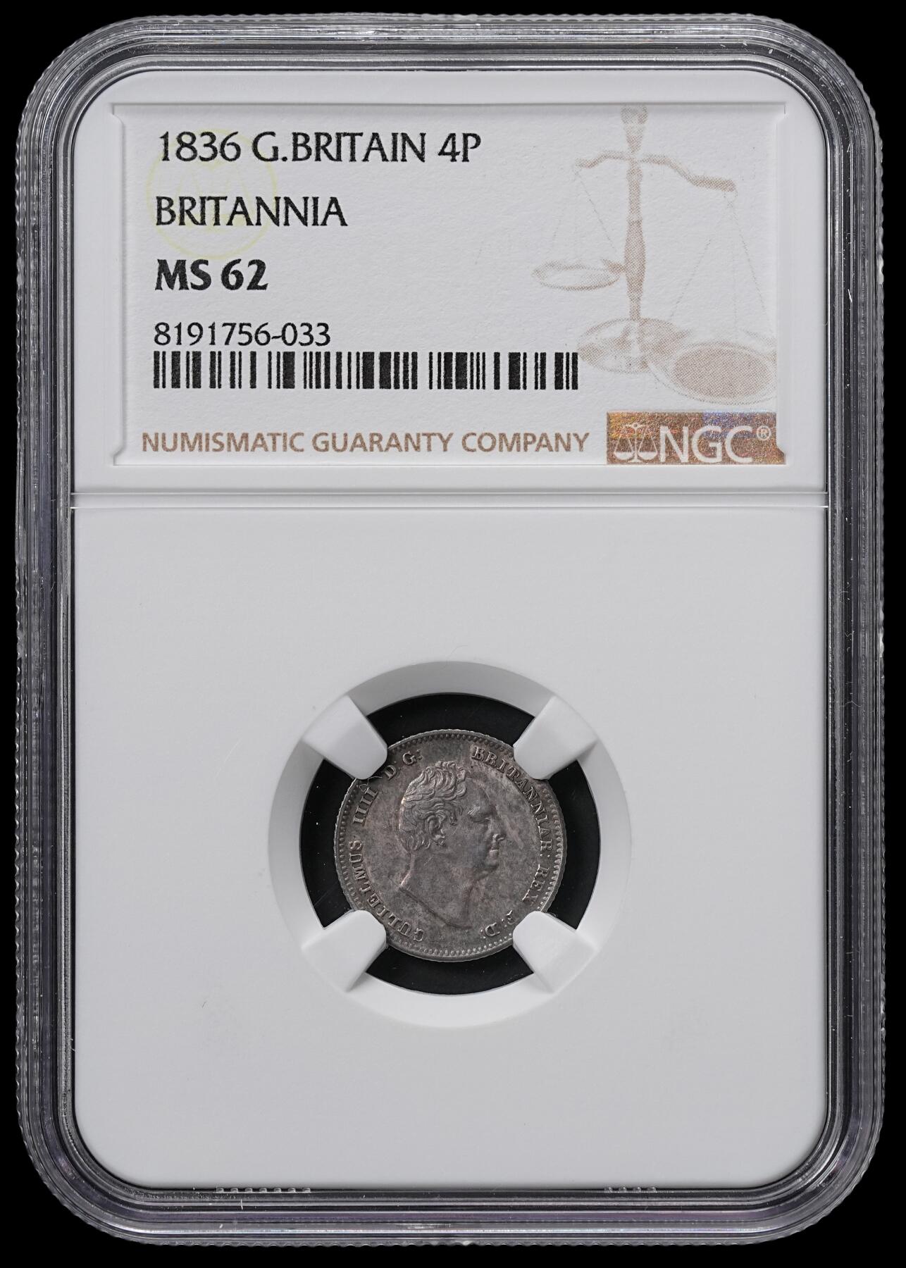 修遠堂世界钱币第六十五期 NGC MS62 1836年英国4便士银币 灰彩