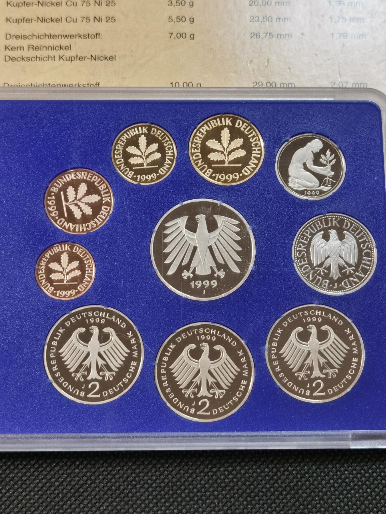  甄臻铺-世界钱币拍卖（第12期）送拍享返佣金等优惠多多 德国1999年官方精制套币（J），包装正面有伤，图1可见