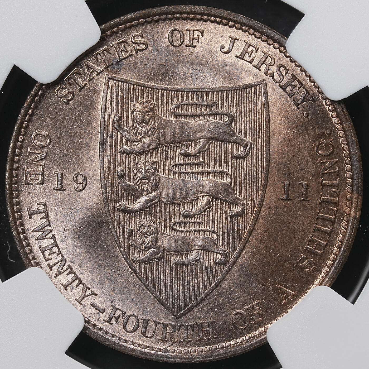 修遠堂世界钱币第六十五期 NGC MS65RB 1911年泽西岛1/24 SHILLING铜币