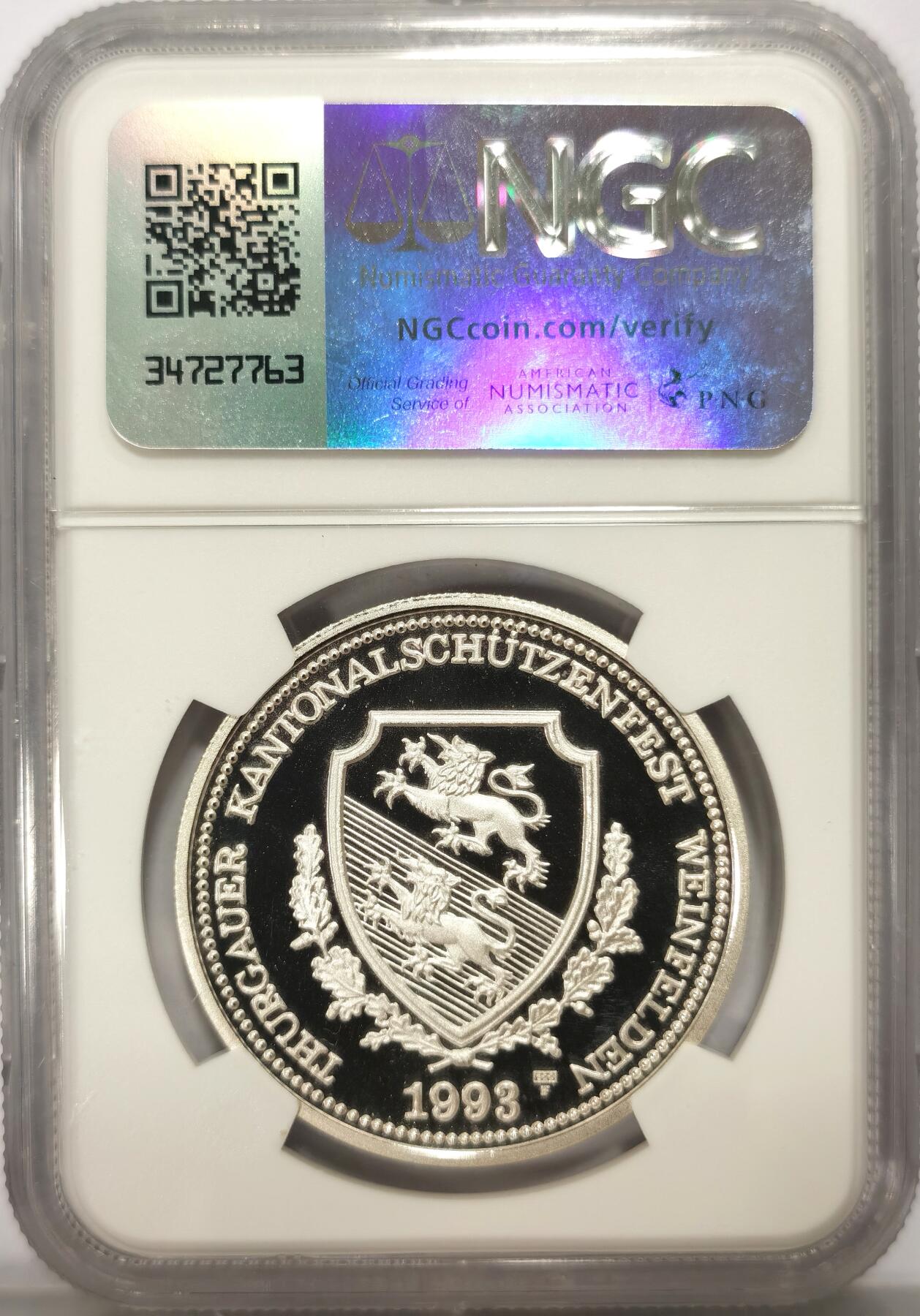 博洋堂世界钱币拍卖第118期（全场包邮） 1993年瑞士图尔高-韦因费尔登射击节50法郎精制银币NGC-PF69UC，直径37mm，重25g，发行量2000枚。PROOF精制币，打制深峻，转光强烈细节优秀，币面清爽干净又漂亮，状态一流，顶级高分。