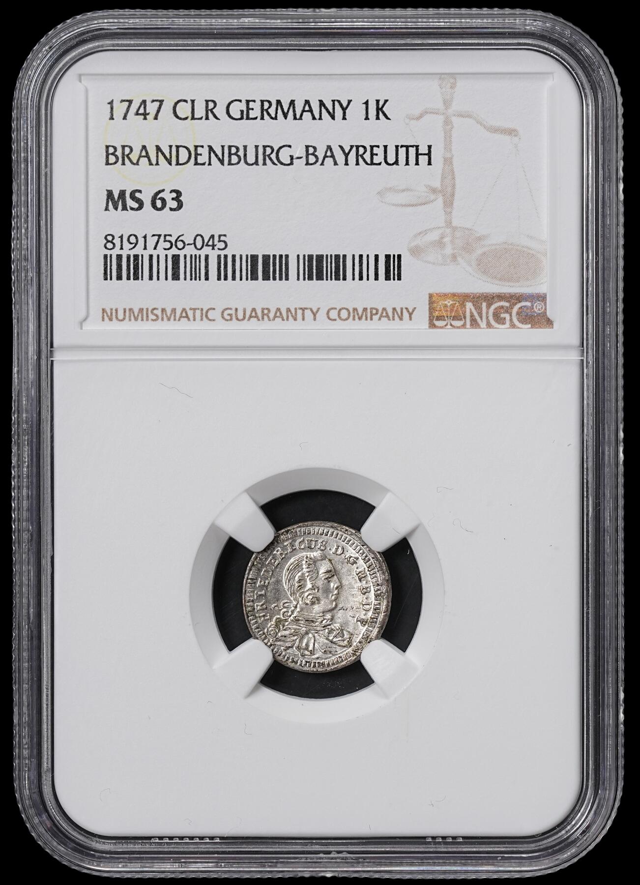 修遠堂世界钱币第六十五期 NGC MS63 1747年布兰登堡-拜罗伊特1克鲁泽银币 唯一冠军分