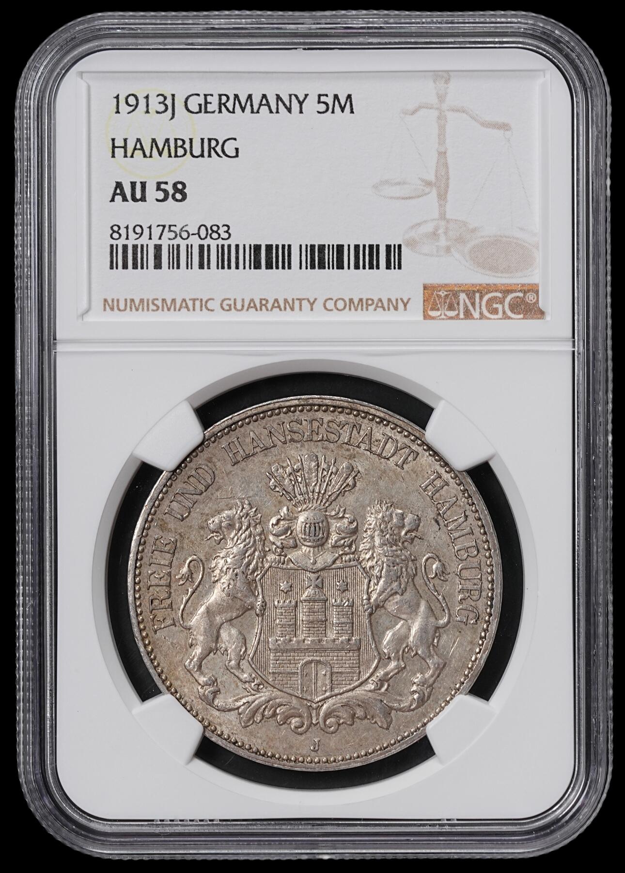 修遠堂世界钱币第六十五期 NGC AU58 1913年汉堡5马克大银币
