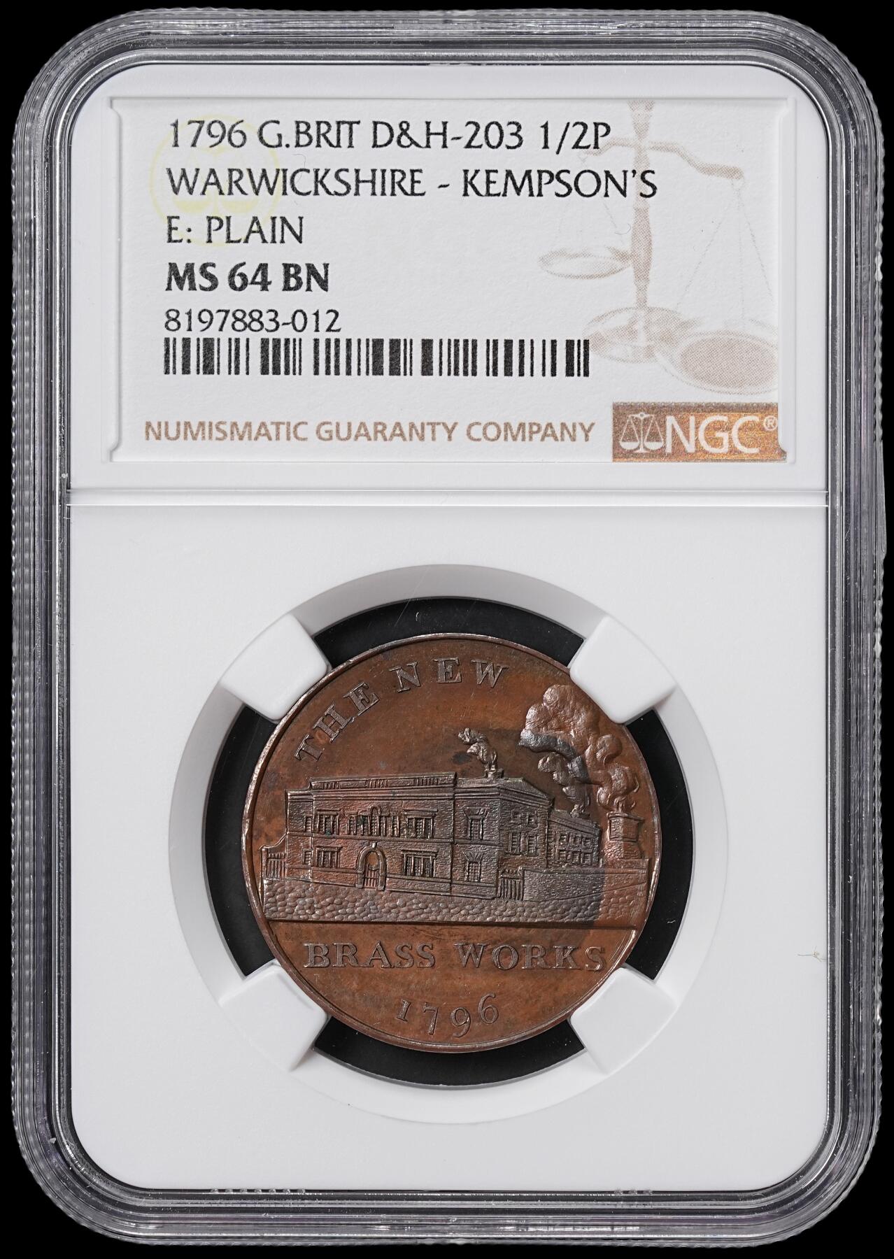 修遠堂世界钱币第六十五期 NGC MS64BN 1796年英国沃里克郡建筑系列1/2便士代用币