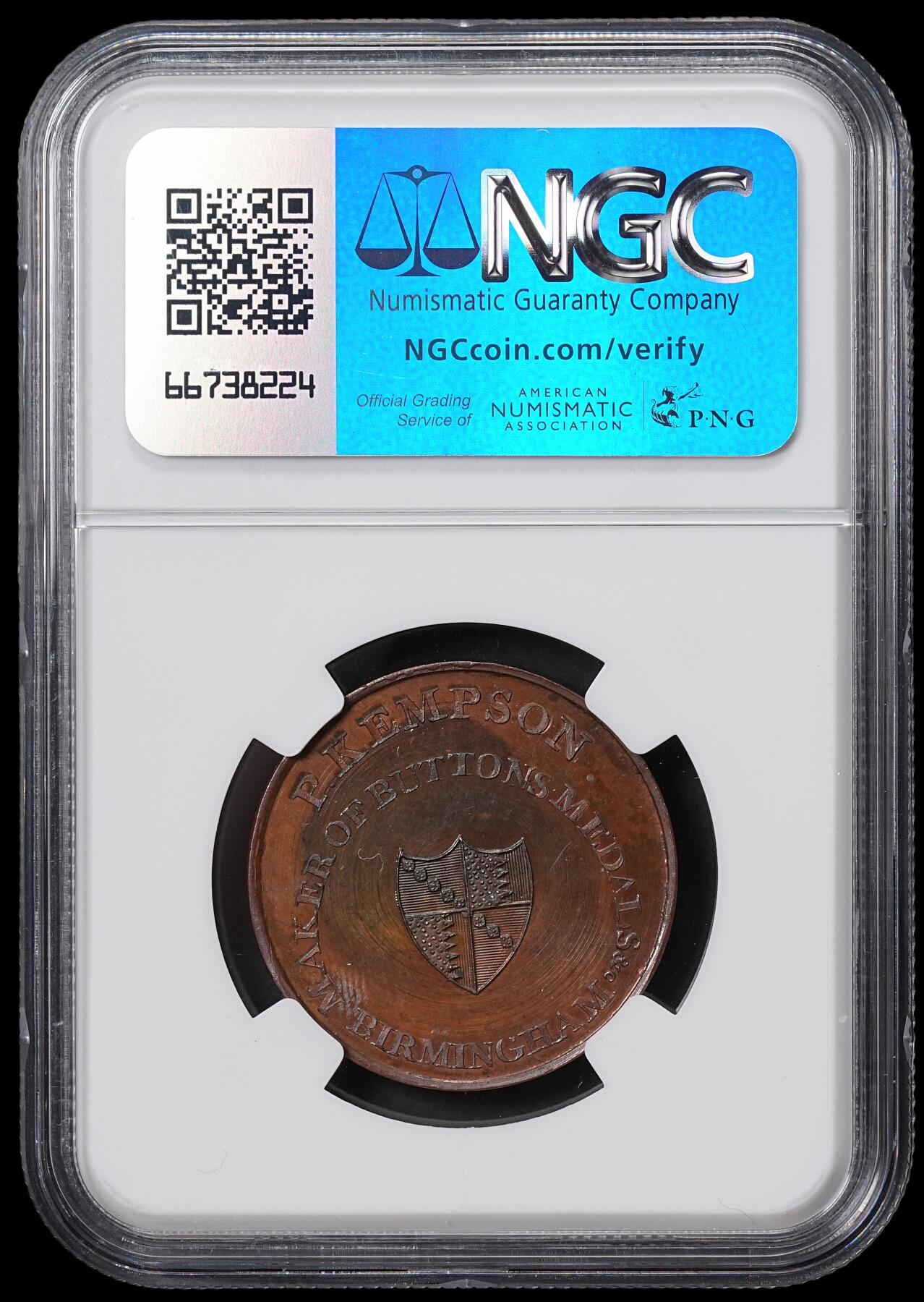 修遠堂世界钱币第六十五期 NGC MS64BN 1796年英国沃里克郡建筑系列1/2便士代用币