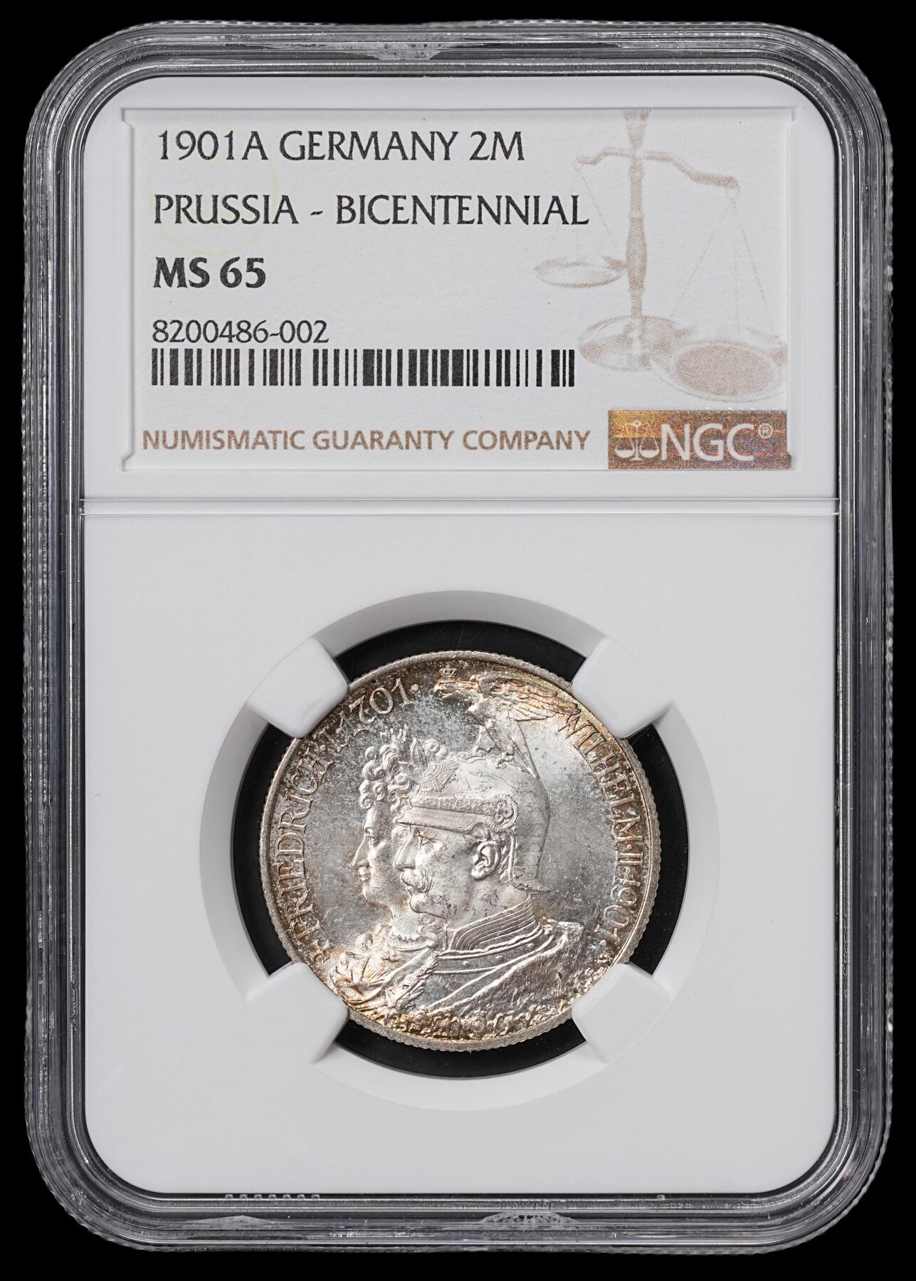 修遠堂世界钱币第六十五期 NGC MS65 1901年普鲁士建国200周年2马克银币 五彩包浆