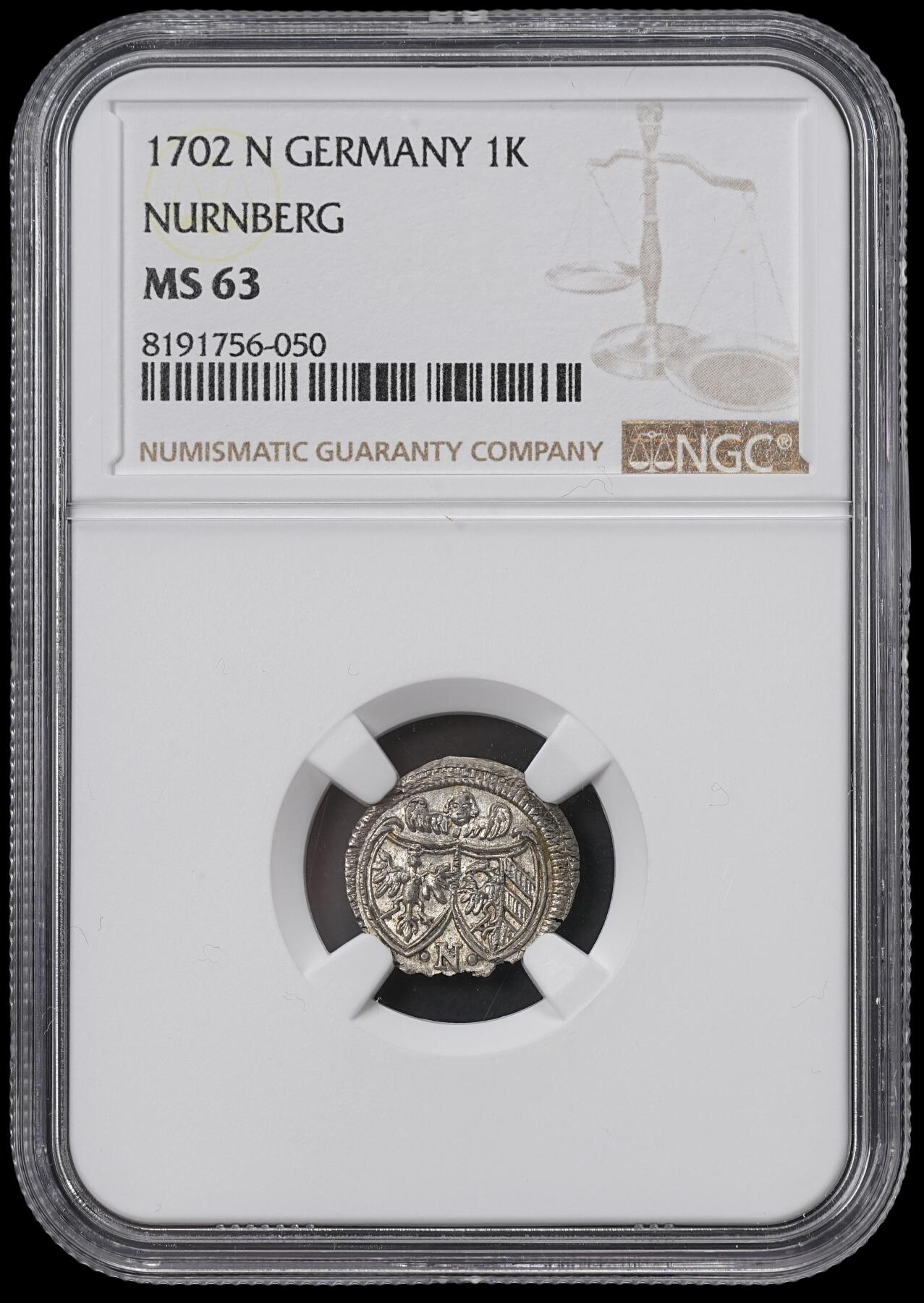 修遠堂世界钱币第六十五期 NGC MS63 1702年纽伦堡1克鲁泽银币