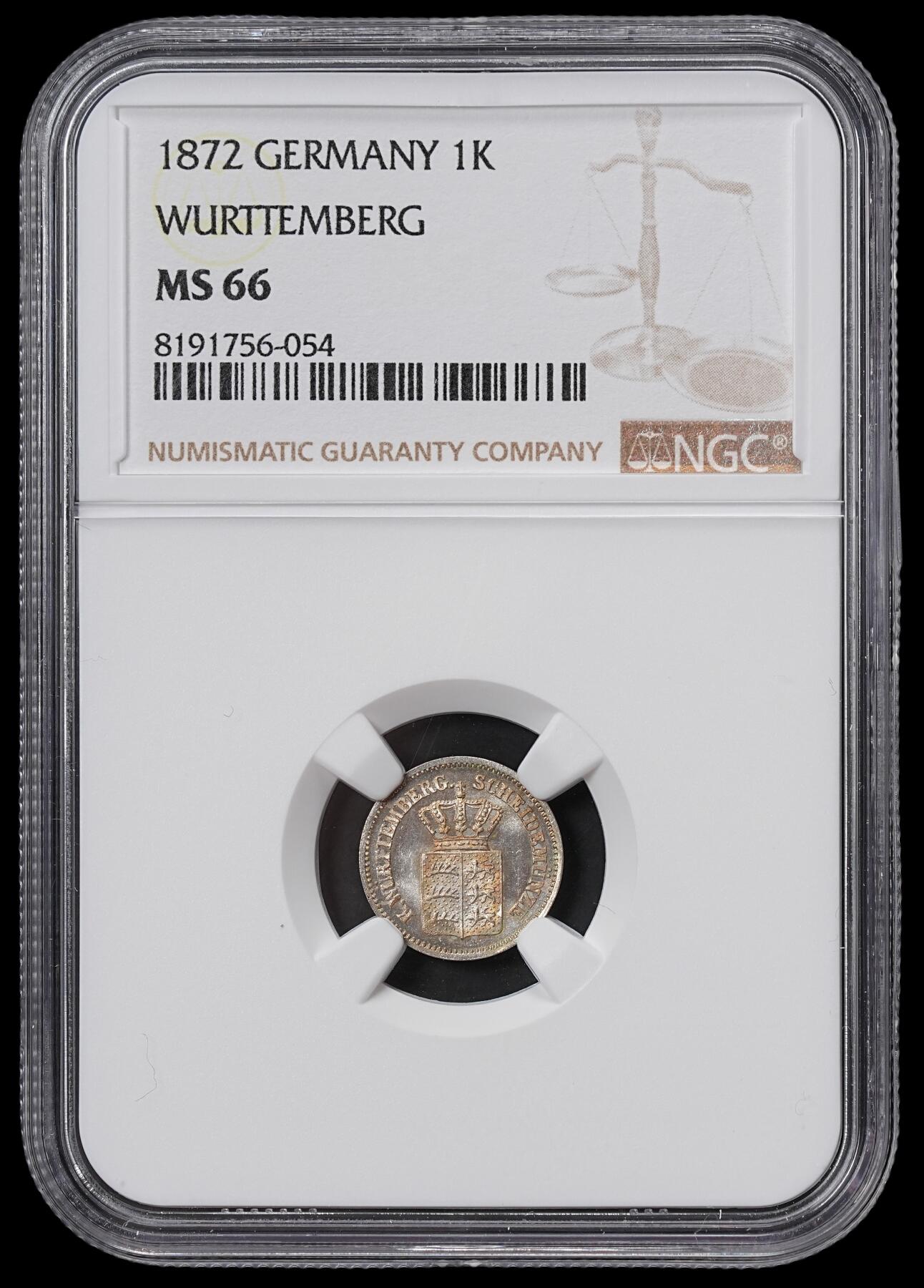 修遠堂世界钱币第六十五期 NGC MS66 1872年符腾堡1克鲁泽银币