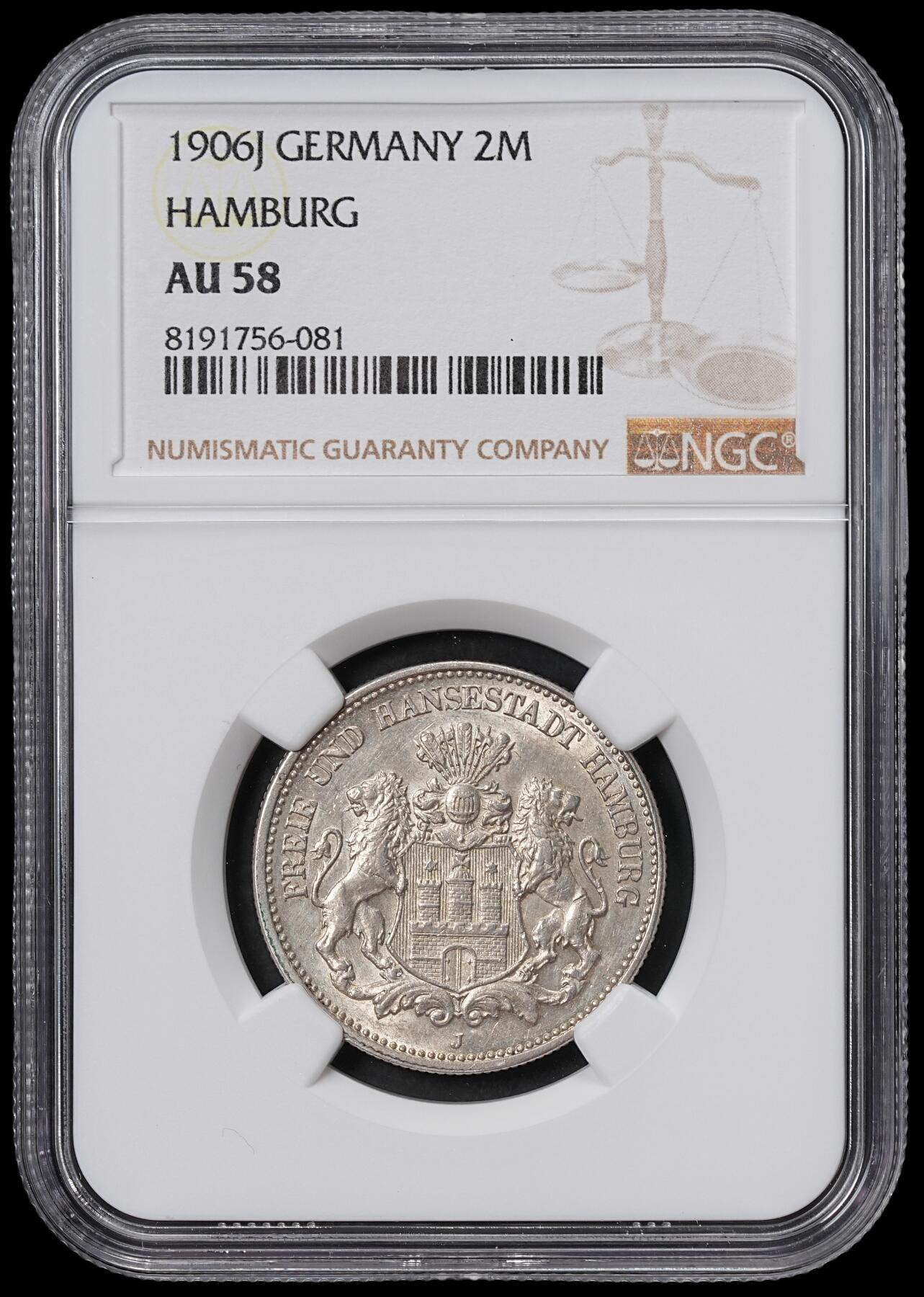 修遠堂世界钱币第六十五期 NGC AU58 1906年汉堡2马克银币