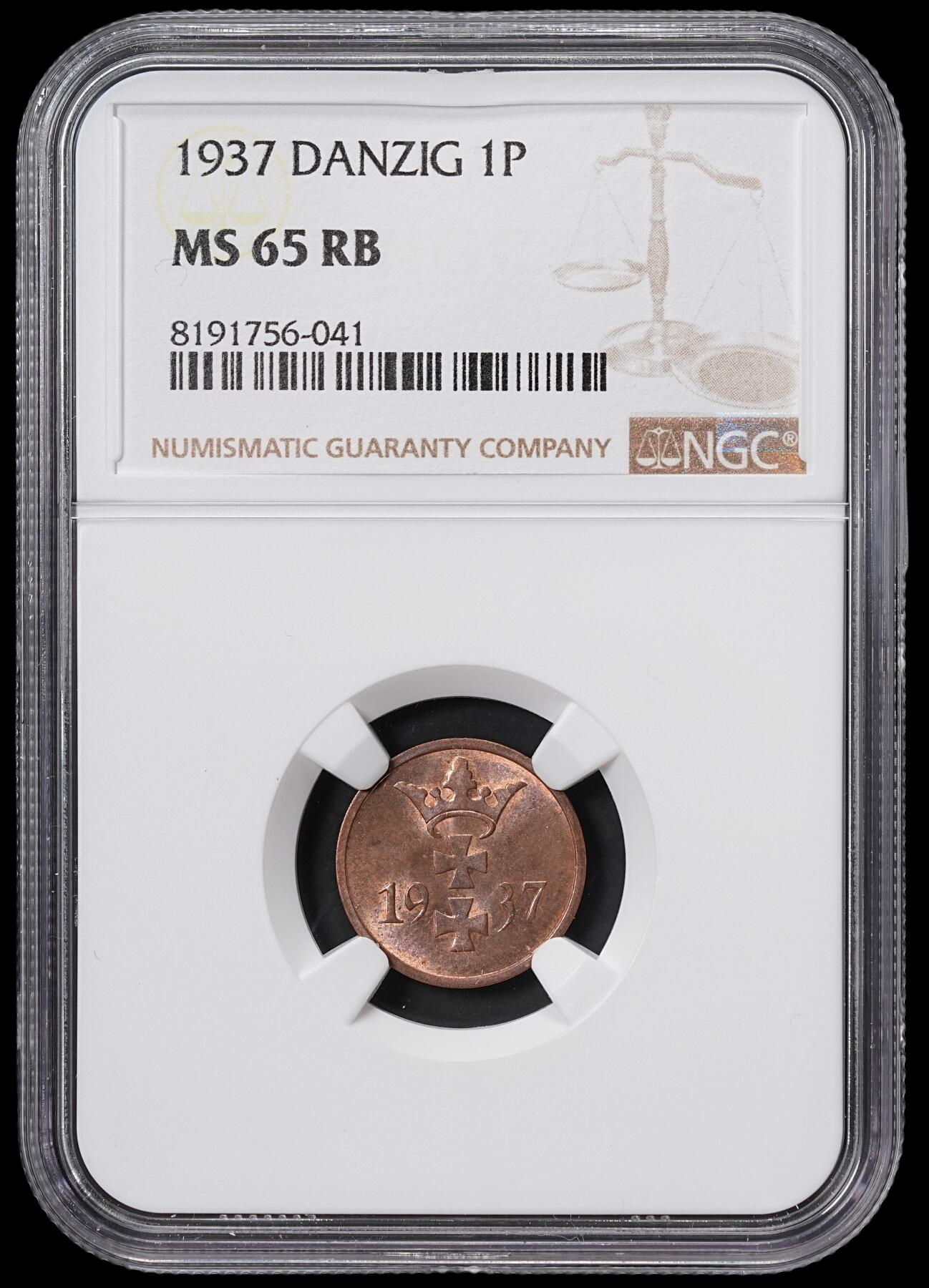 修遠堂世界钱币第六十五期 NGC MS65RB 1937年但泽自由市1芬尼铜币