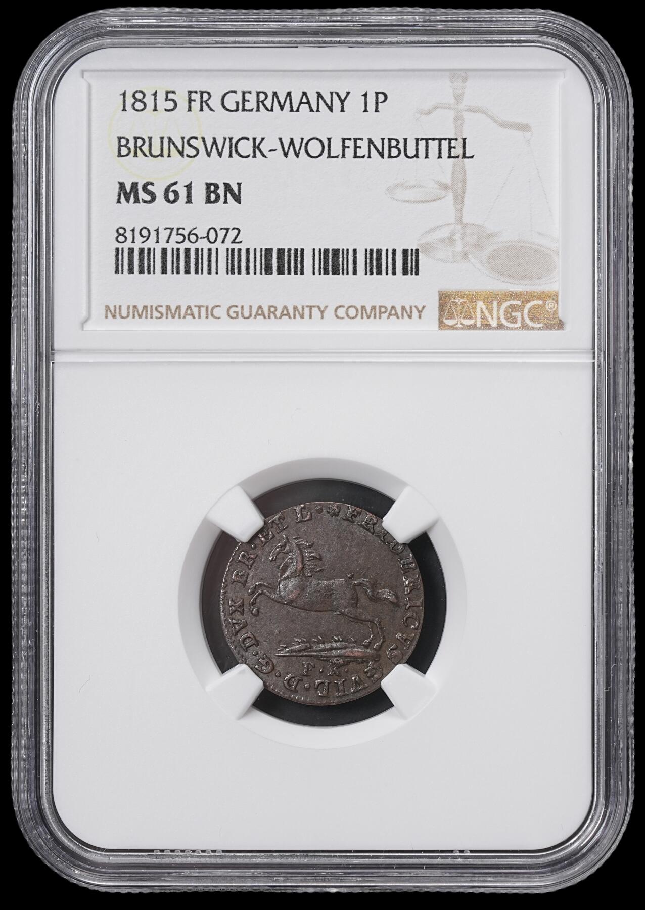 修遠堂世界钱币第六十五期 NGC MS61BN 1815年布伦瑞克-沃尔芬比特尔1芬尼铜币 唯一冠军分