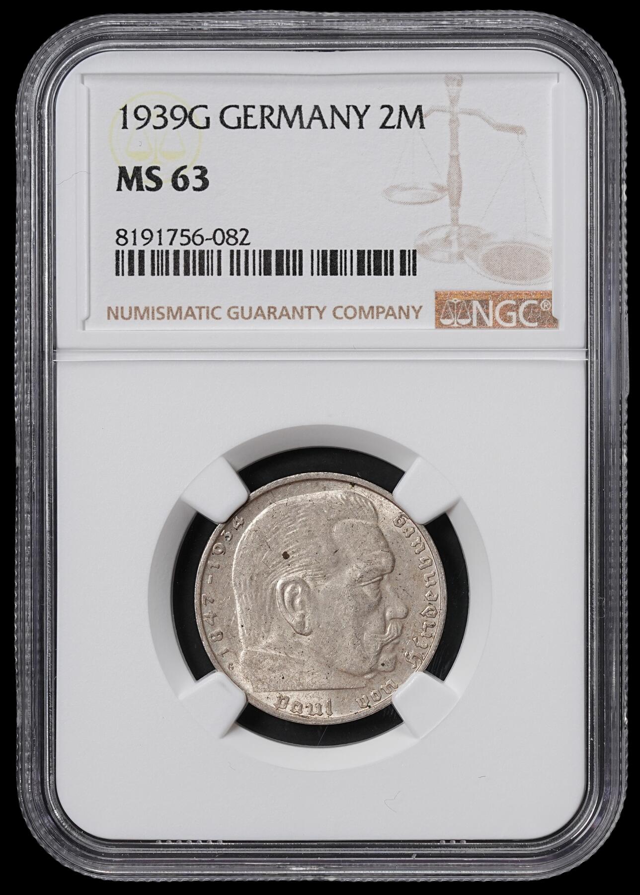 修遠堂世界钱币第六十五期 NGC MS63 1939年德三-兴登堡2马克银币