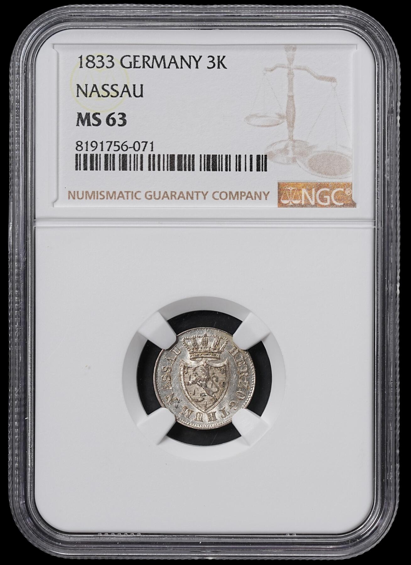 修遠堂世界钱币第六十五期 NGC MS63 1833年拿骚3克鲁泽银币 仅铸造41800枚
