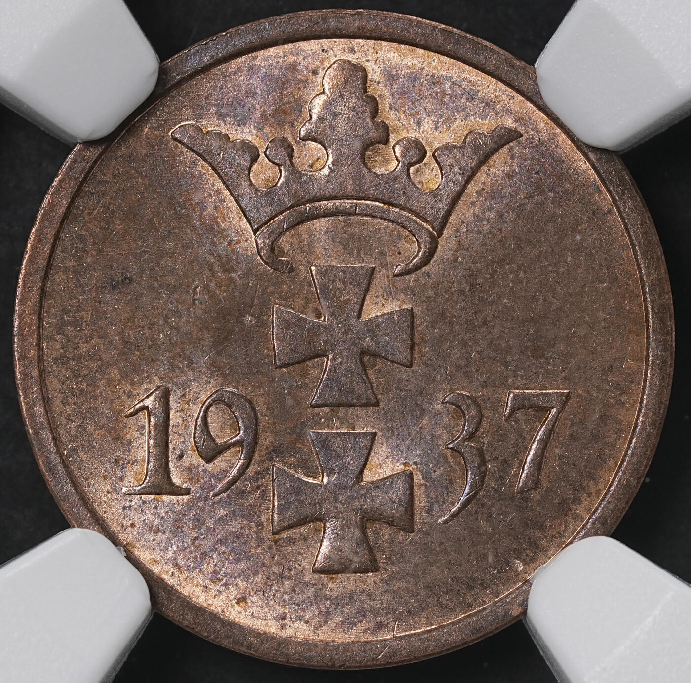 修遠堂世界钱币第六十五期 NGC MS65RB 1937年但泽自由市1芬尼铜币