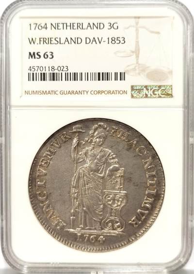 博洋堂世界钱币拍卖第118期（全场包邮） - NGC MS63 1764年荷兰西弗里士兰站立女神 脸部细节清晰、胸部坚挺，好状态