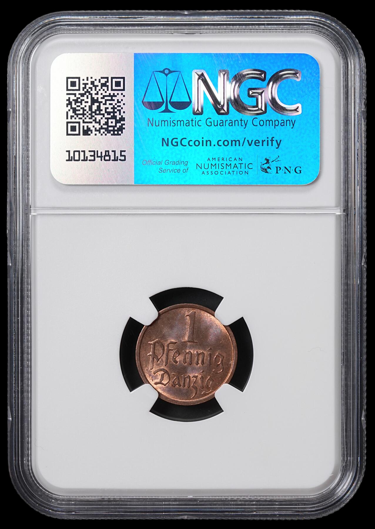 修遠堂世界钱币第六十五期 NGC MS65RB 1937年但泽自由市1芬尼铜币