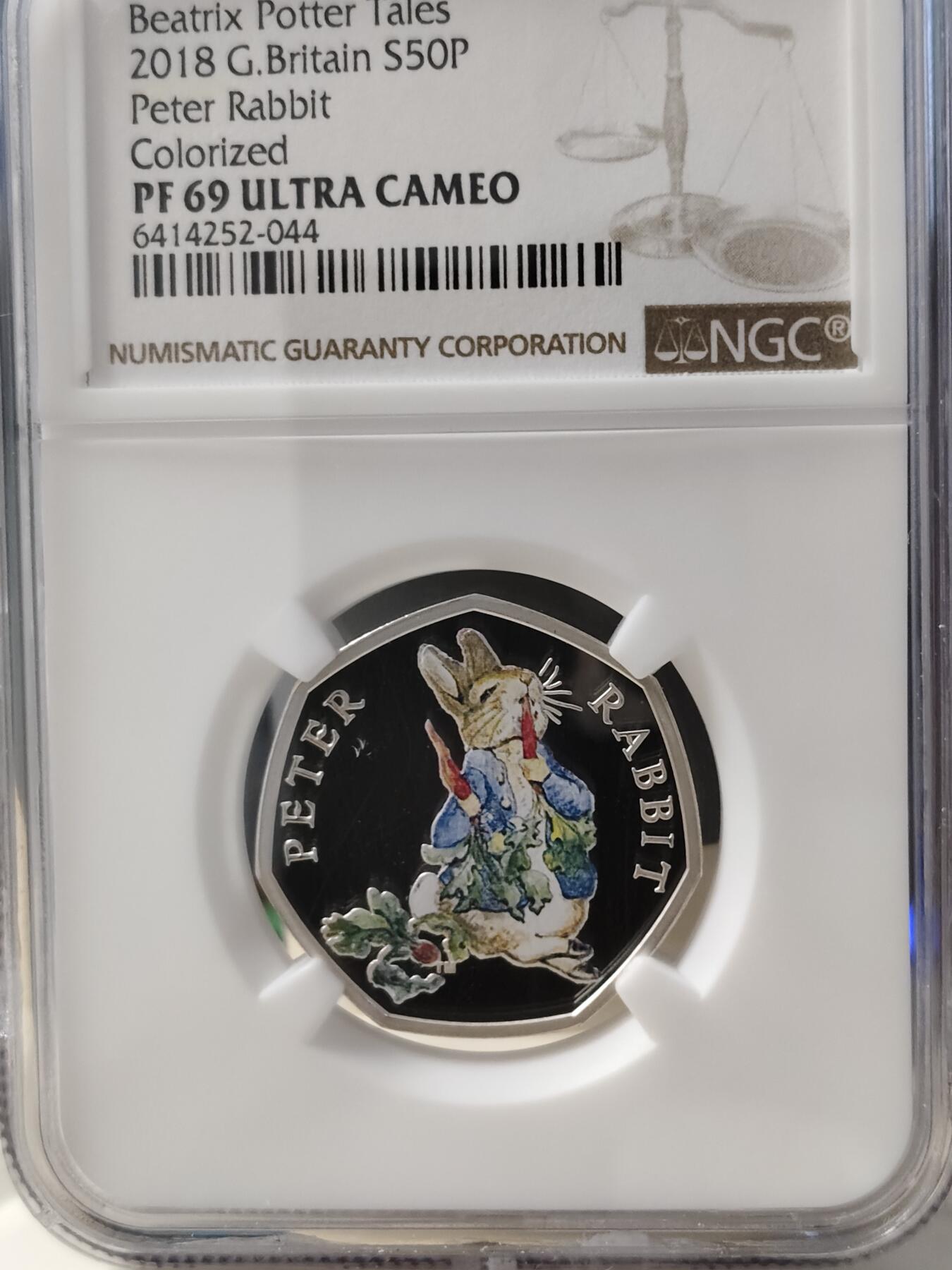 第168期拍卖【长期征集拍品】 英国2018年彼得兔系列彼得兔50便士彩色银币NGC-PF69原盒证书，925银，8克，发行35000枚