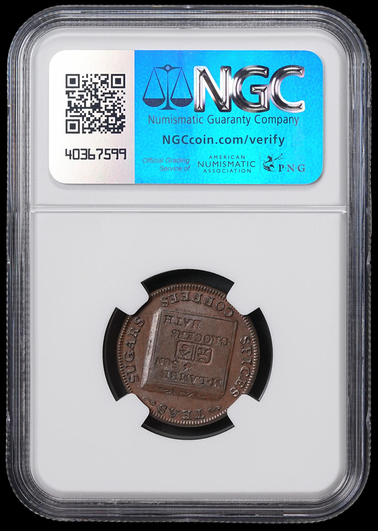 修遠堂世界钱币第六十五期 NGC MS64BN 1794年英国巴斯-M. Lambe & Son茶业公司1法新贸易代用币 该公司在广州设有洋行 罕见带有汉字的英国代用币