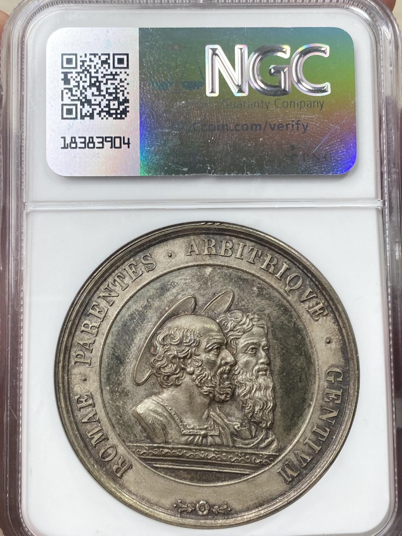 万国钱币拍卖第045期（万国春季大拍） NGC MS65 1846年教皇国庇护九世双圣纪念大银章 五彩高浮雕 早期教皇国大银章BU收藏级别极其难得