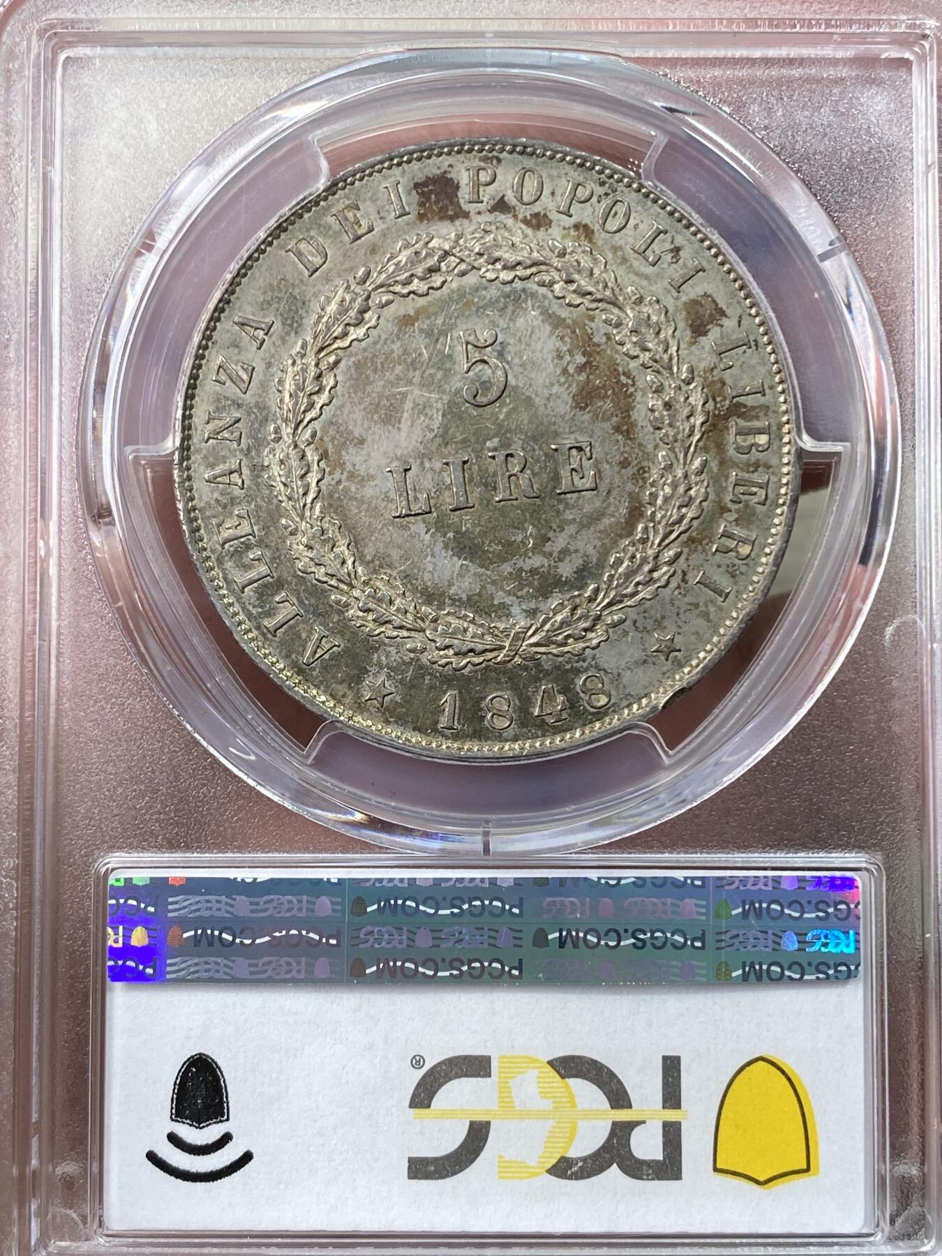 万国钱币拍卖第045期（万国春季大拍） PCGS MS61 1848年意大利威尼斯临时革命政府飞翔的雄狮5里拉大银币 单年发行6011枚 比另一种有圈版更为少见 狮子站在石碑上的设计也更显威武 双面老五彩 足以入藏的品质