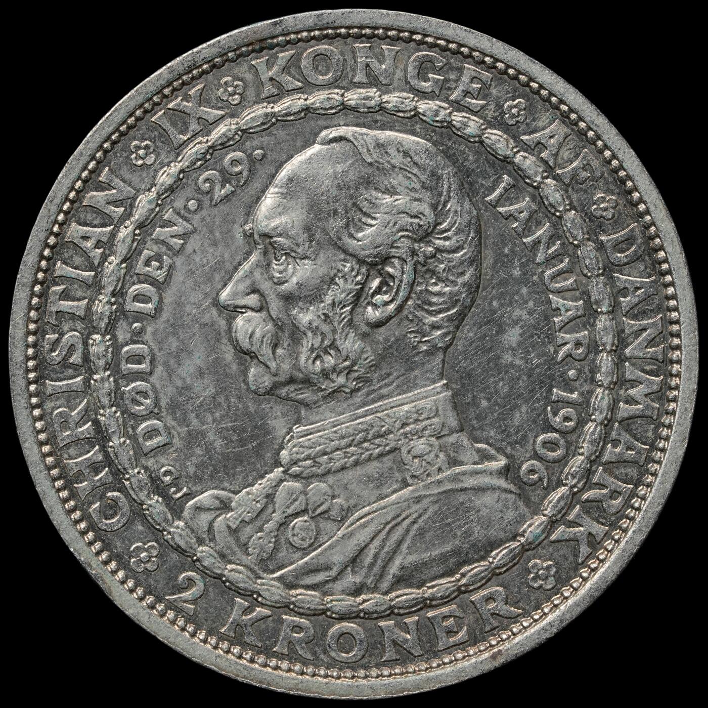 修遠堂世界钱币第六十五期 1906年丹麦国王更迭纪念2克朗银币 15g，含银80%