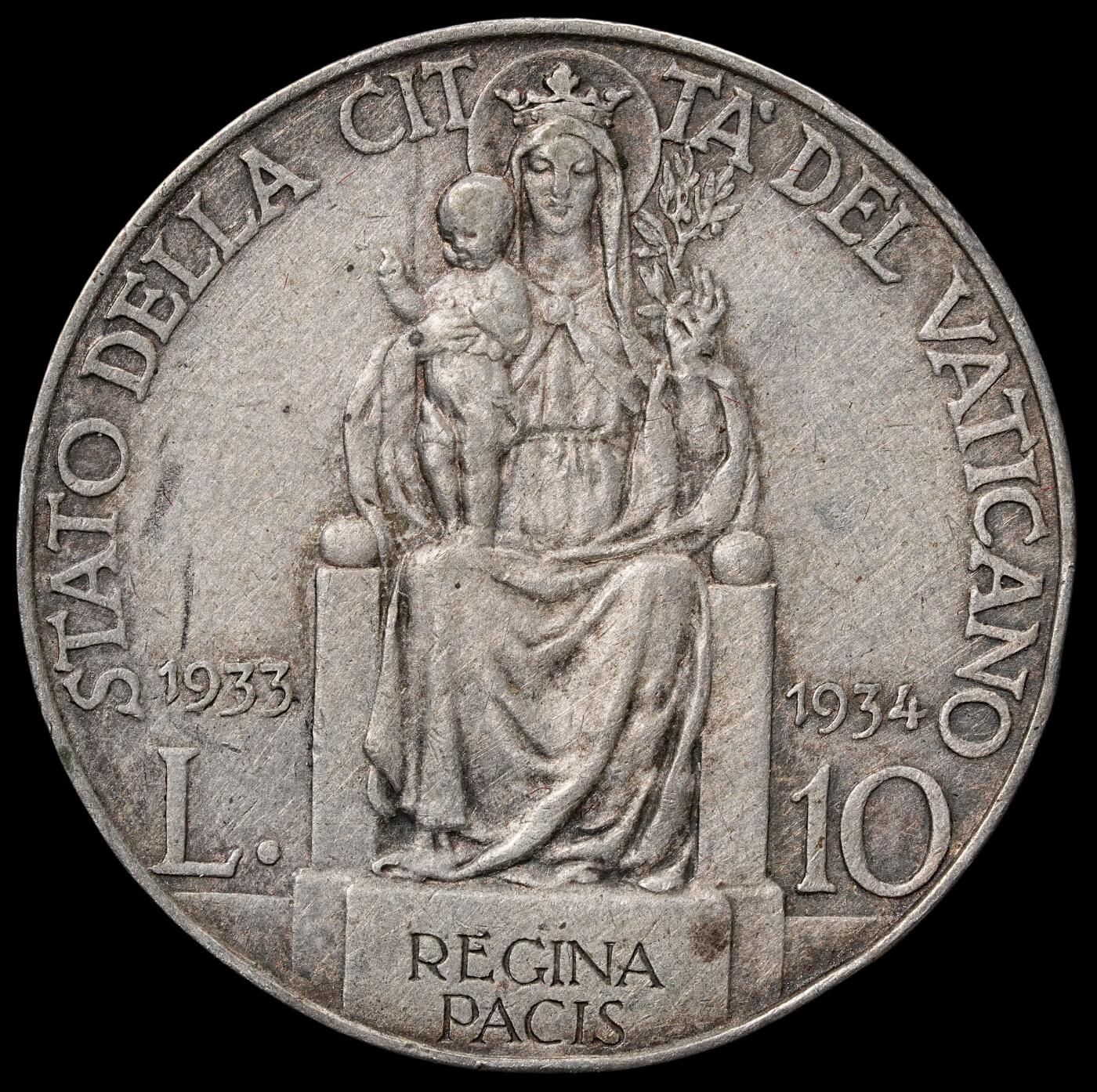 修遠堂世界钱币第六十五期 1933-1934年梵蒂冈10里拉银币 10g，含银83.5% 仅5万枚铸造量