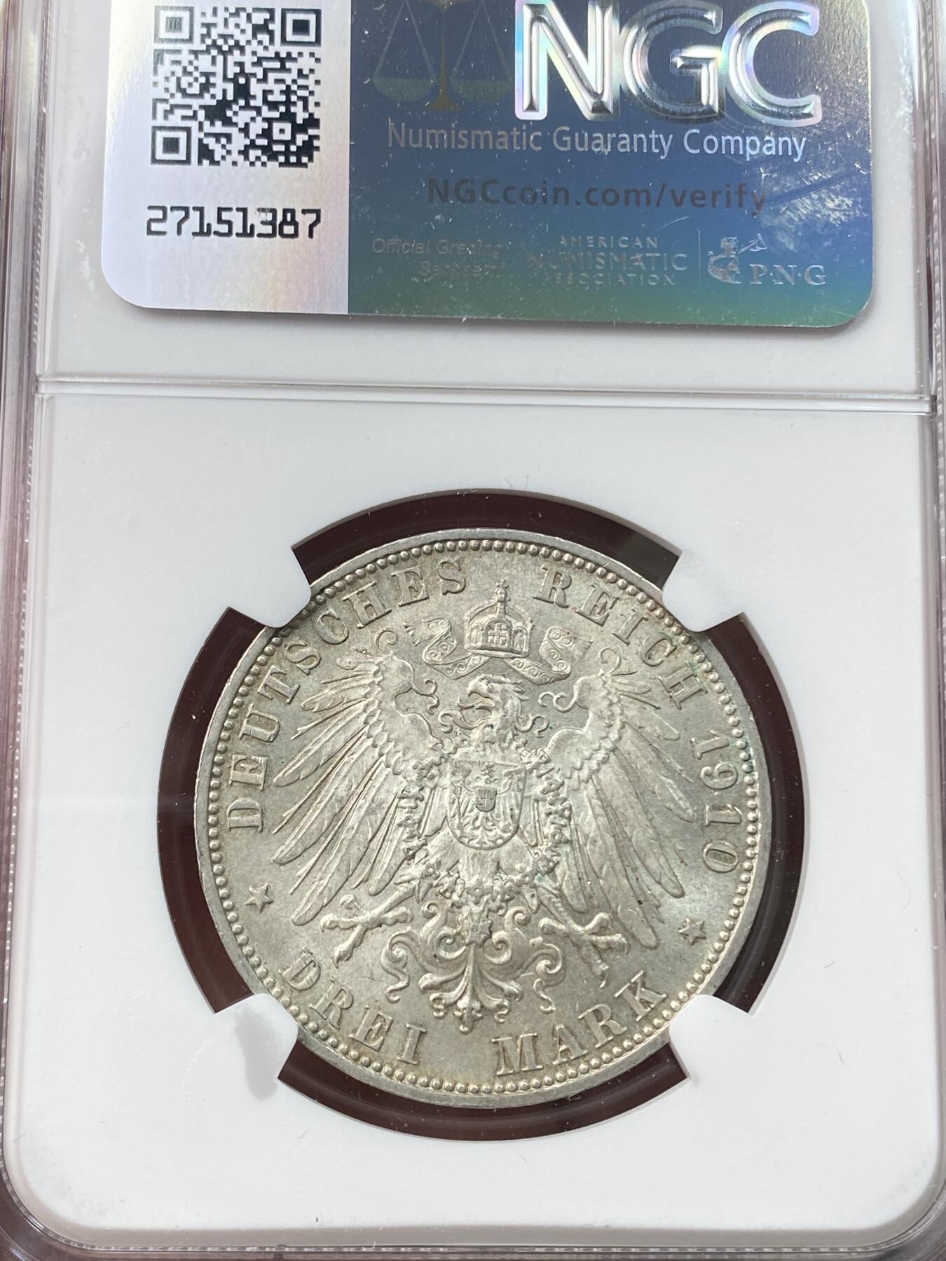 万国钱币拍卖第045期（万国春季大拍） NGC MS64 1910年德国巴伐利亚奥拓长翅流通3马克 原味转光