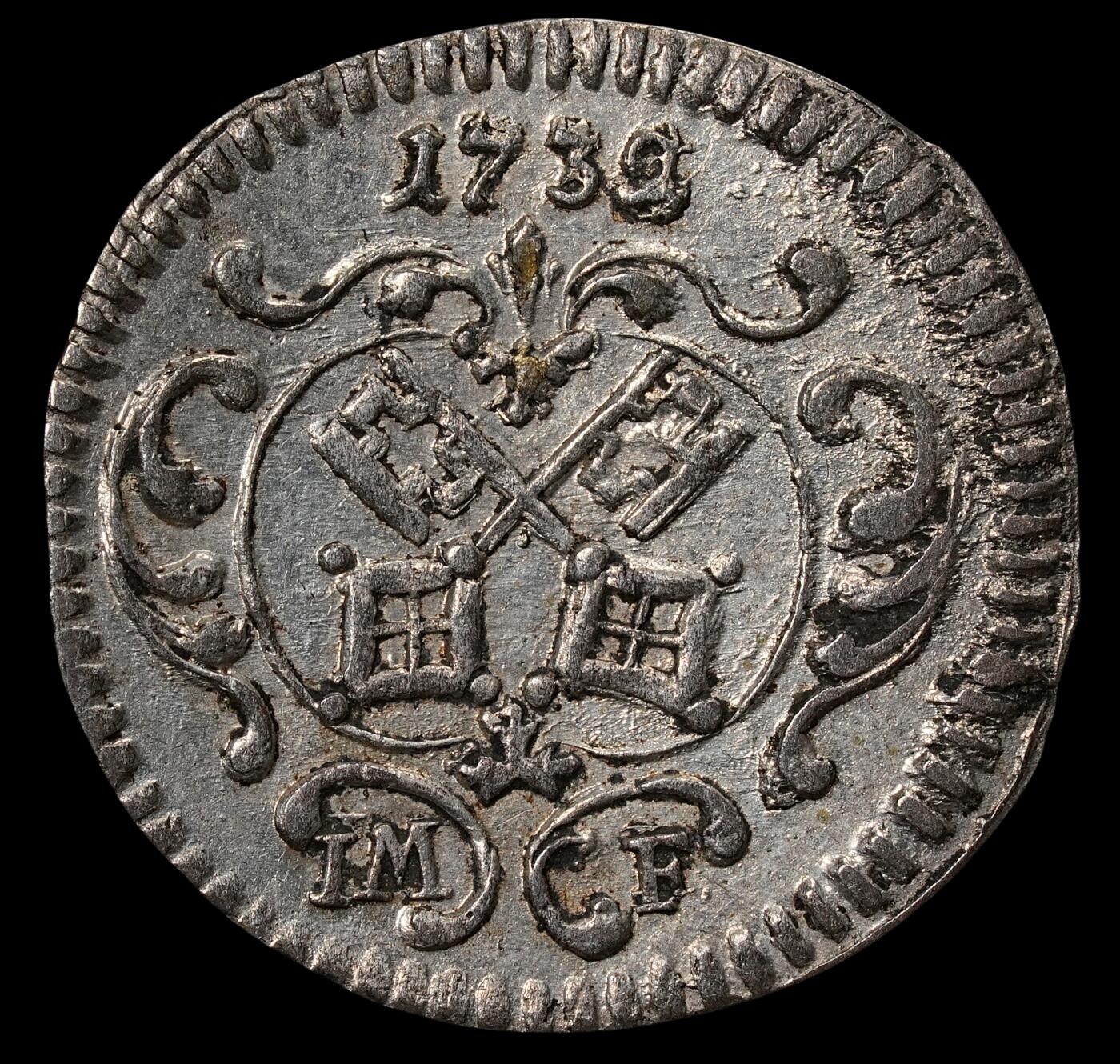 修遠堂世界钱币第六十五期 1738年雷根斯堡1克鲁泽 稀少品种 仅铸造25000枚  AU-UNC品  书上标价只到XF  0.75g