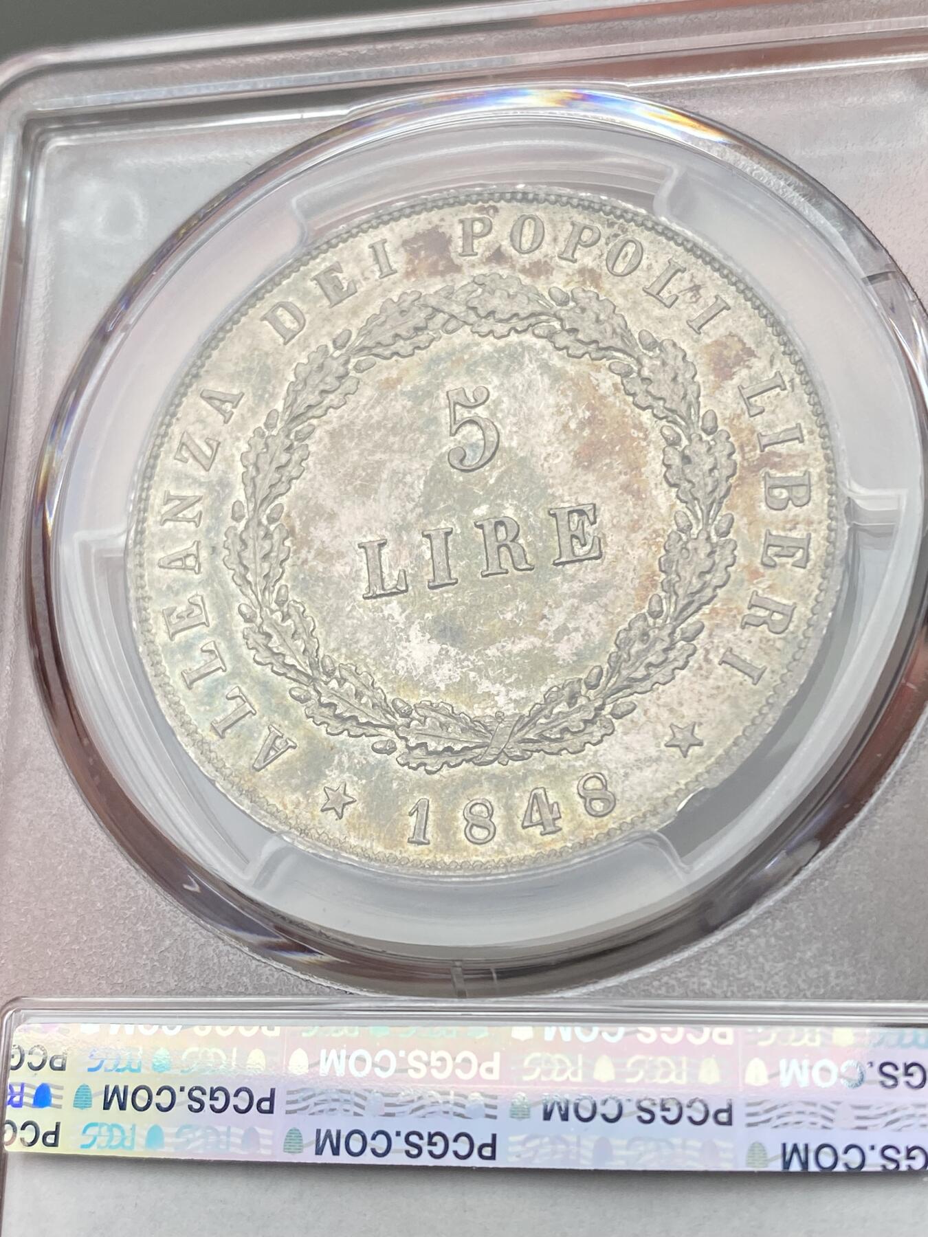 万国钱币拍卖第045期（万国春季大拍） PCGS MS61 1848年意大利威尼斯临时革命政府飞翔的雄狮5里拉大银币 单年发行6011枚 比另一种有圈版更为少见 狮子站在石碑上的设计也更显威武 双面老五彩 足以入藏的品质