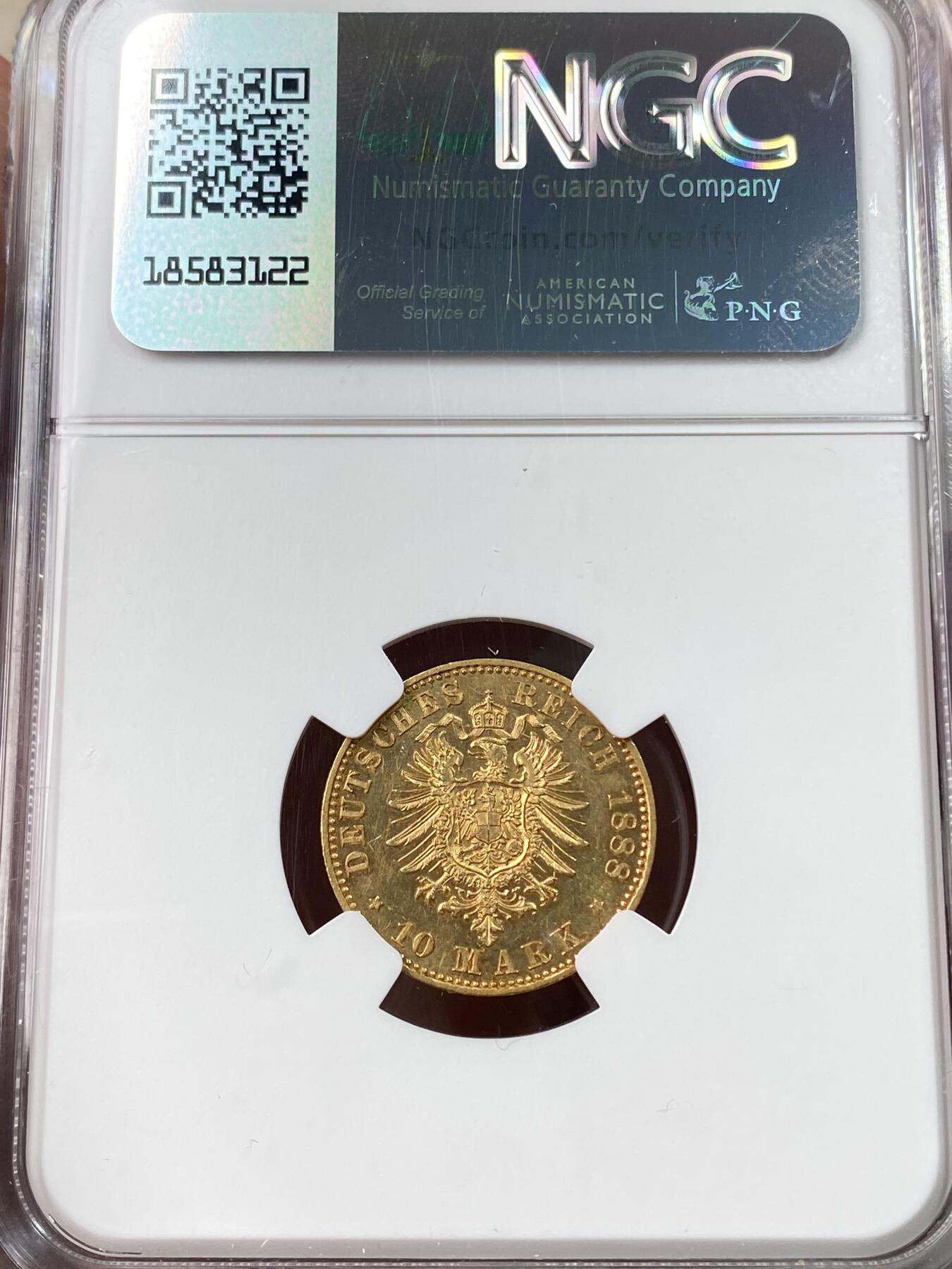 万国钱币拍卖第045期（万国春季大拍） NGC MS63 1888年德国普鲁士腓特烈三世三皇之年10马克金币 经典短翅金币 3.98g 900金