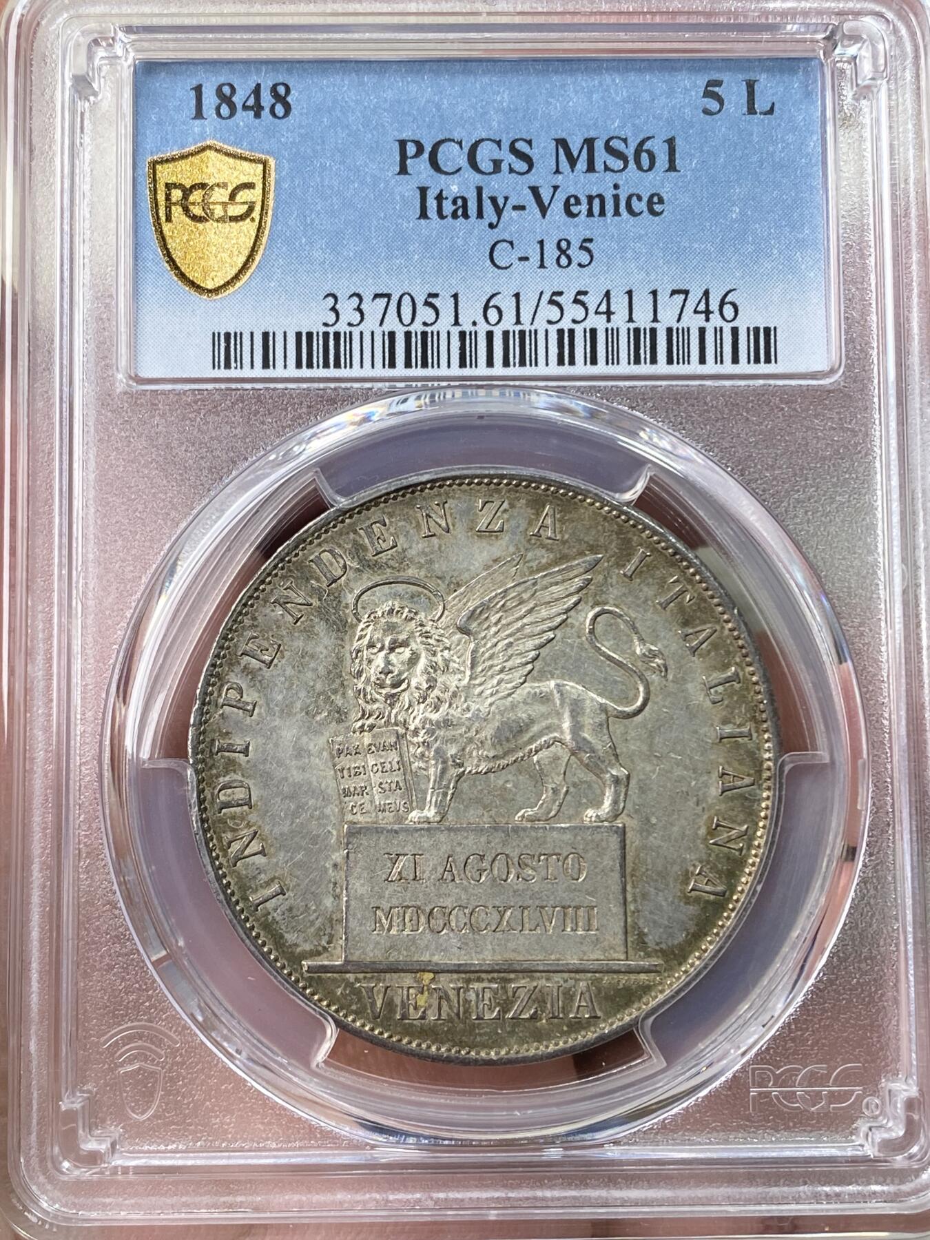 万国钱币拍卖第045期（万国春季大拍） PCGS MS61 1848年意大利威尼斯临时革命政府飞翔的雄狮5里拉大银币 单年发行6011枚 比另一种有圈版更为少见 狮子站在石碑上的设计也更显威武 双面老五彩 足以入藏的品质