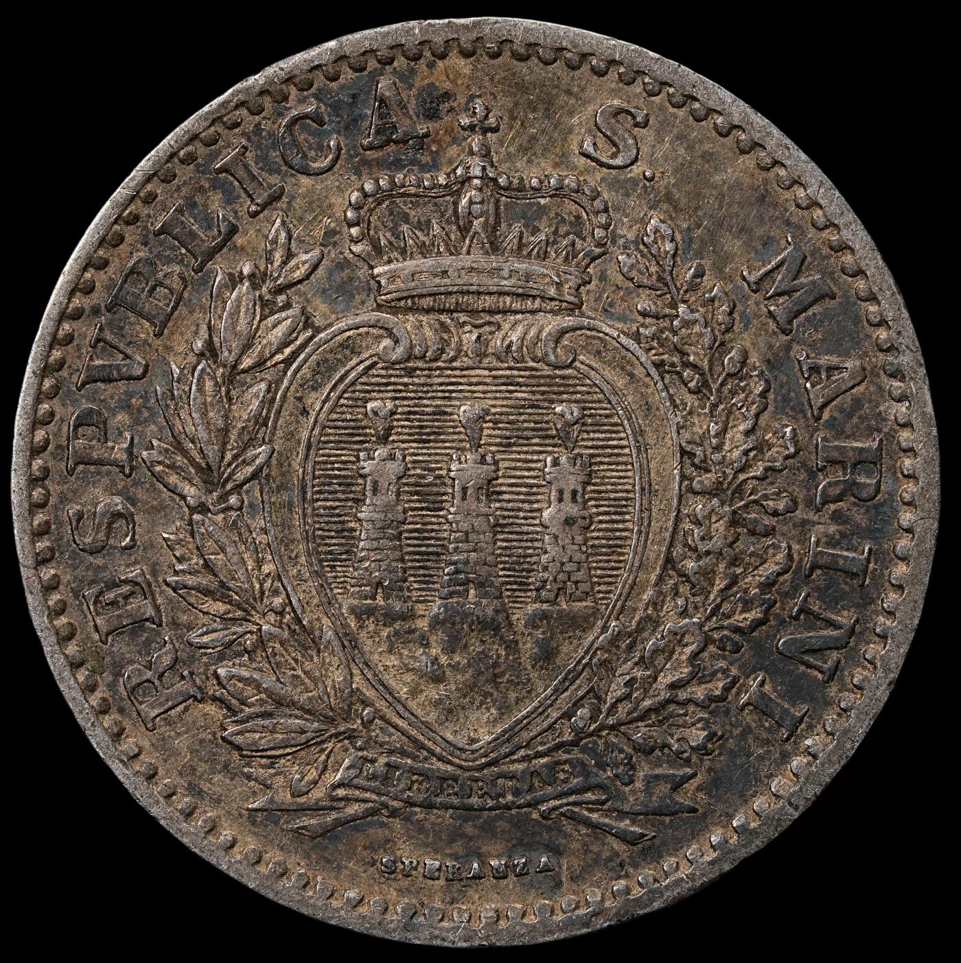修遠堂世界钱币第六十五期 1906年圣马力诺1里拉银币 仅3万枚铸造量  5g，含银83.5%