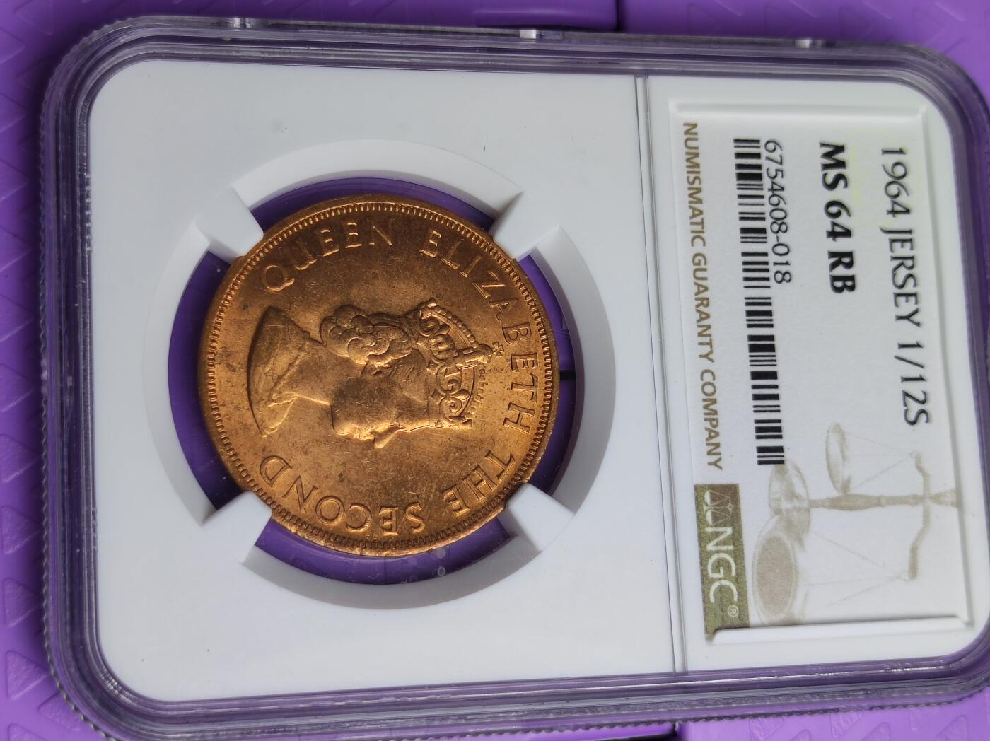 英属泽西1964年1/12先令铜币 NGC MS64RB  