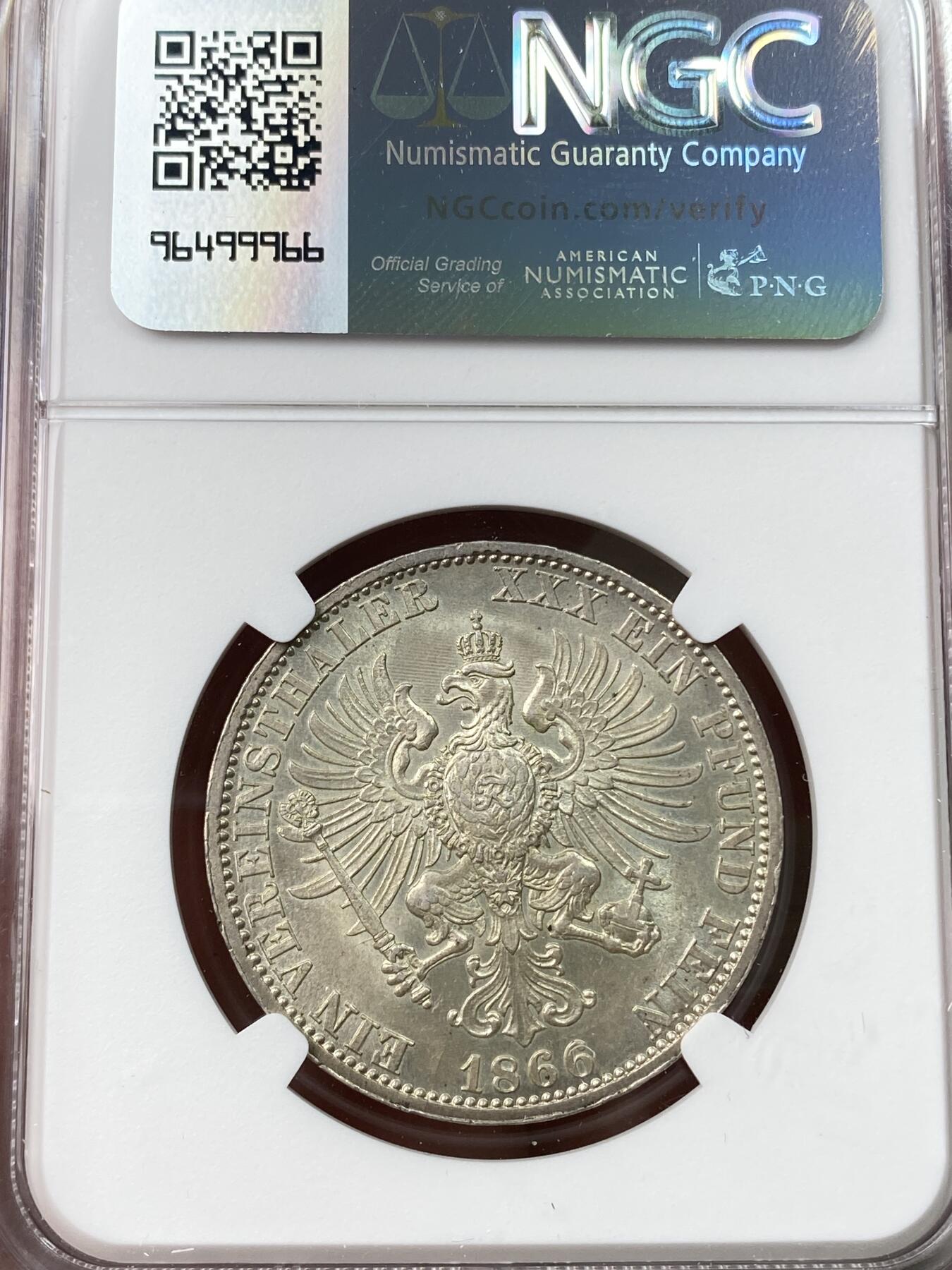 万国钱币拍卖第045期（万国春季大拍） NGC MS64 1866年德国普鲁士普奥战争胜利泰勒 高分越来越不好找的品种 青灰色包浆与十字转光相得益彰