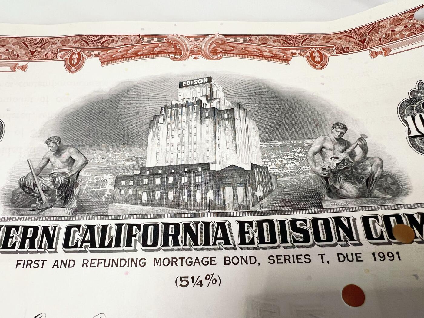 1966年南加尼福尼亚爱迪生公司债券1000美元棕色版带部分息票雕刻版印制- 美钞公司雕刻作品发烧友- 美钞公司雕刻作品发烧友-