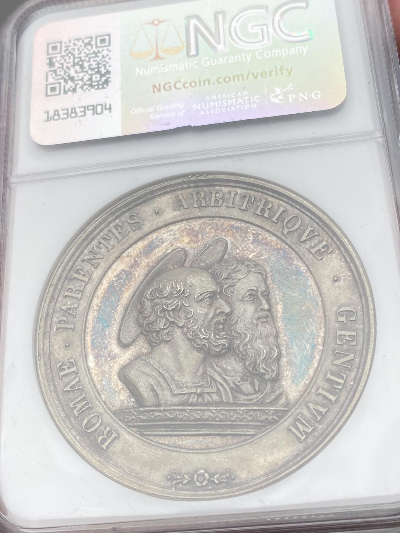 万国钱币拍卖第045期（万国春季大拍） NGC MS65 1846年教皇国庇护九世双圣纪念大银章 五彩高浮雕 早期教皇国大银章BU收藏级别极其难得